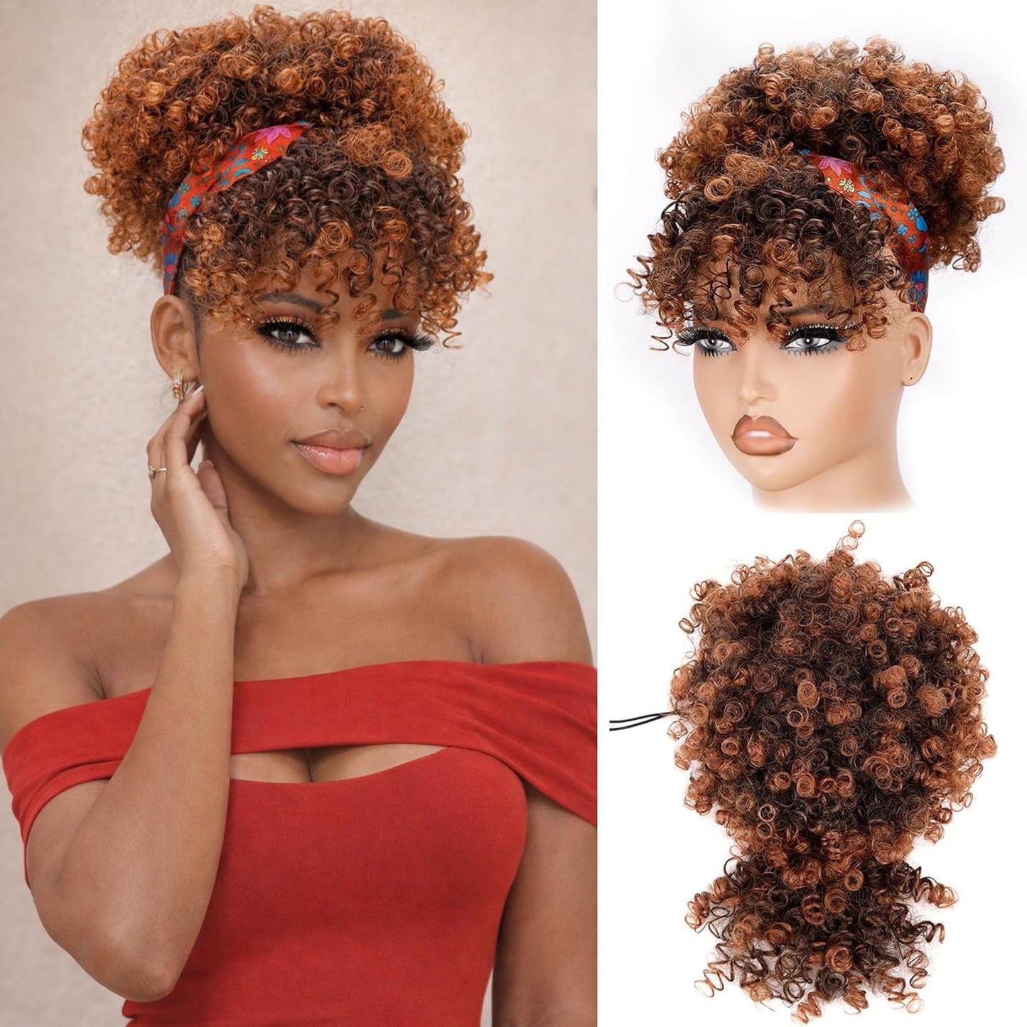 Drawstring Ponytail for Black Women - Afro Puff Kinky Curly Hair Extension with Bangs | Grey Updo