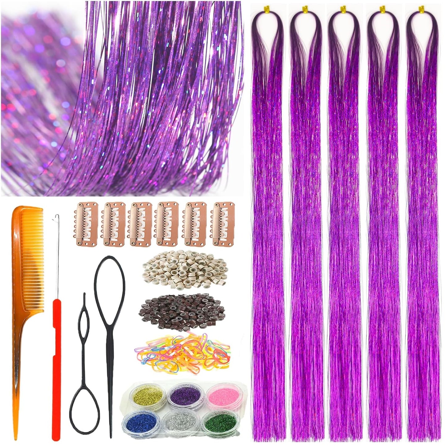 Gold Turquoise Hair Tinsel - Ice Crystal Effect, 48 Inch, 1250 Strands | Heat Resistant Sparkling Glitter for Women Party Cosplay