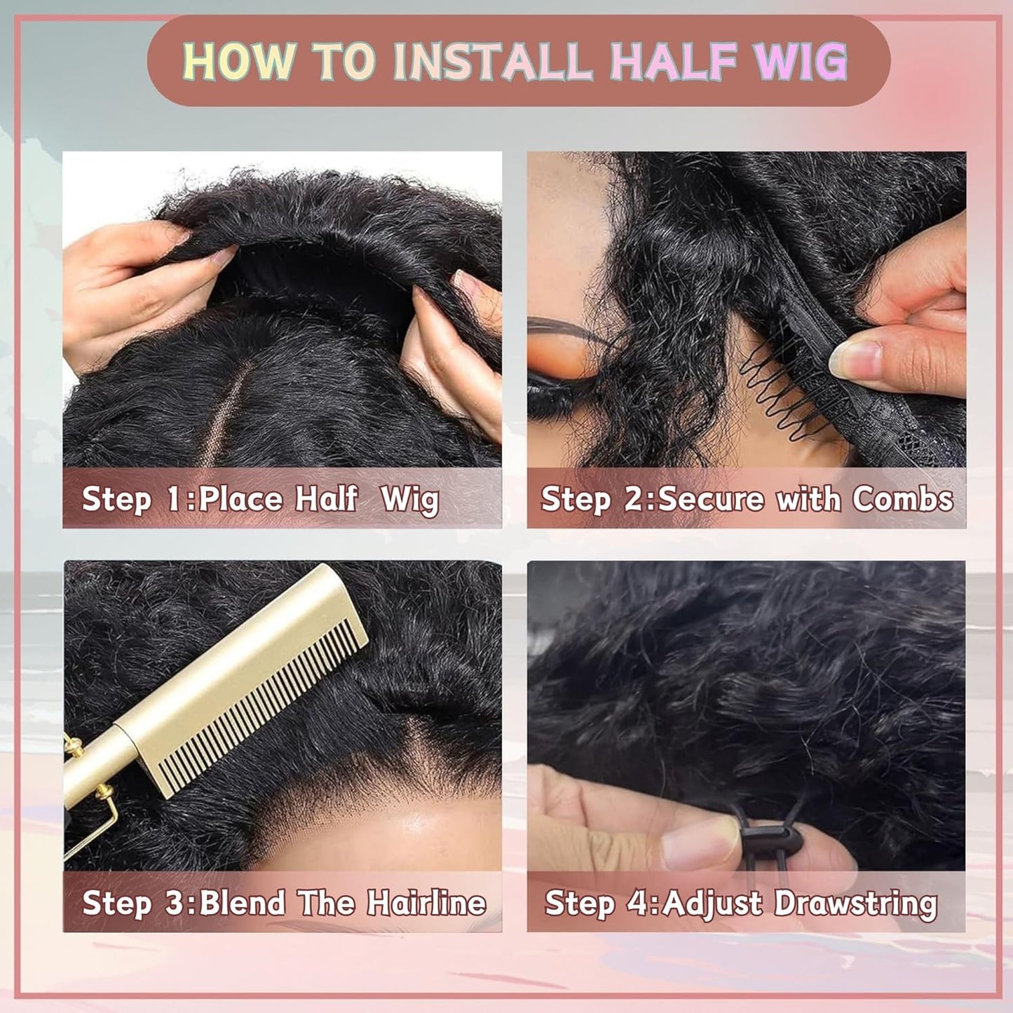 Deep Wave Half Wig - 24-Inch Human Hair Curly Wig for Black Women | 200% Density, Glueless, Beginner-Friendly