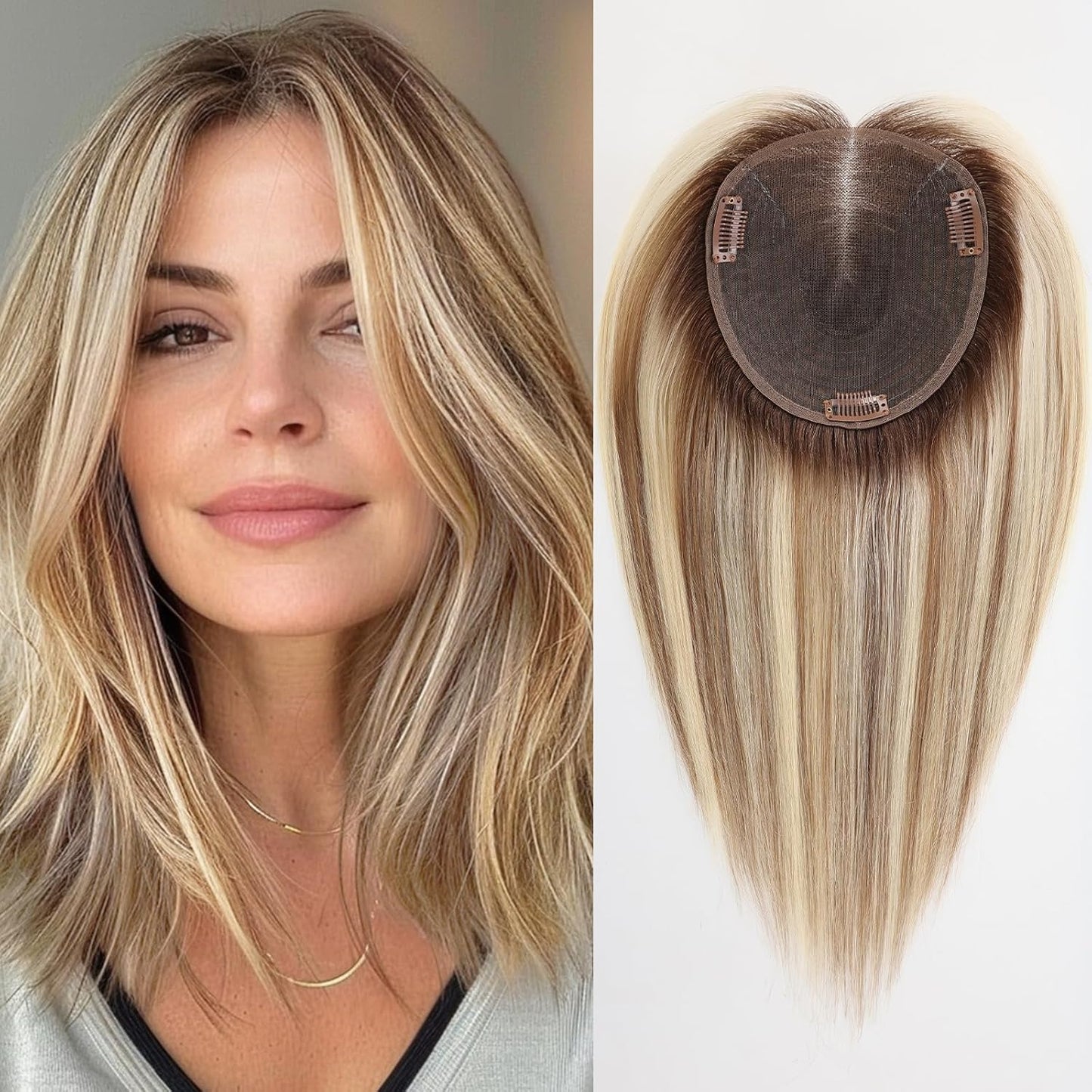 Real Human Hair Toppers for Women - 14 Inch Silk Base | Ash Blonde Mixed Brown with Bangs - 60g
