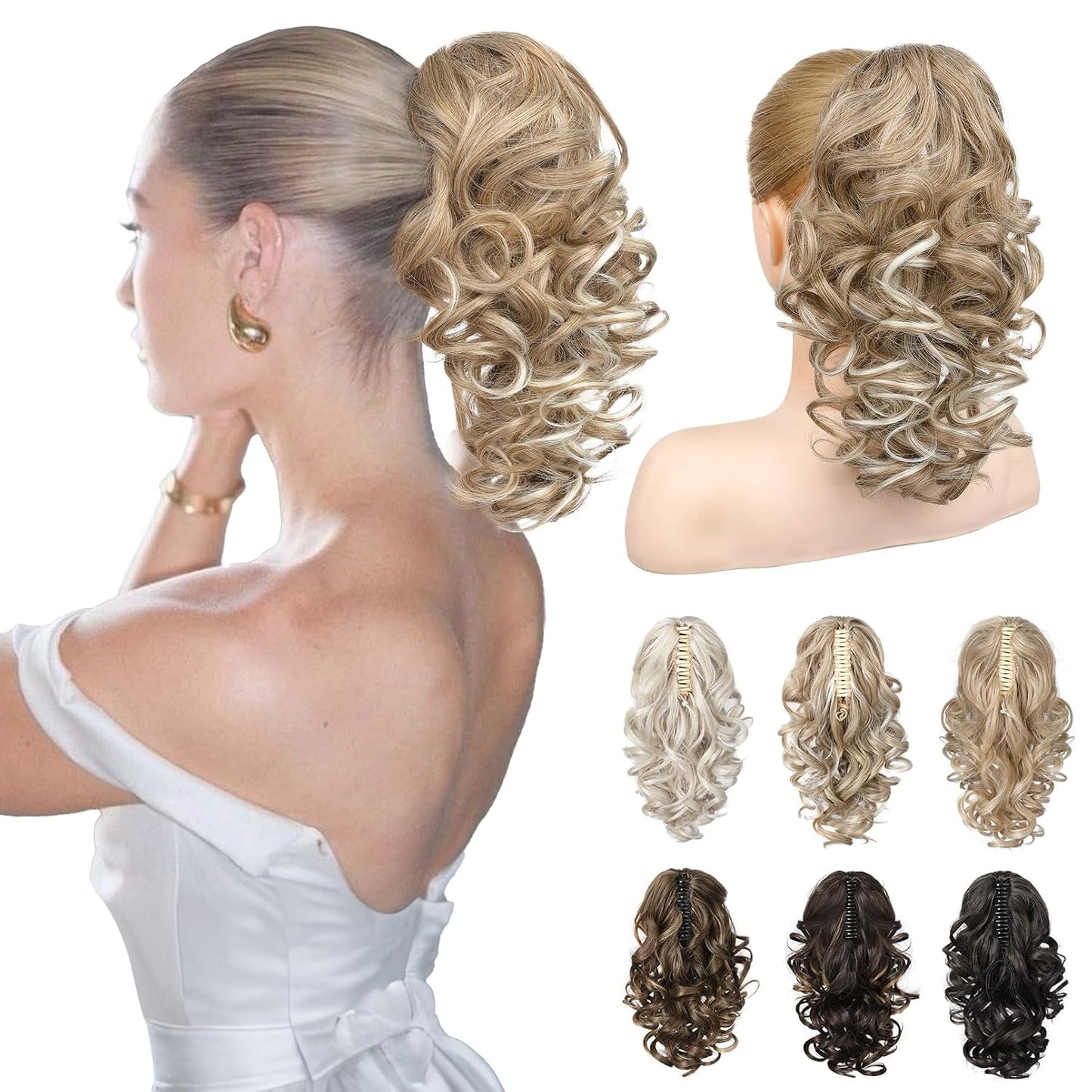 12-Inch Ponytail Extension - Classic Loose Curly Wavy Claw Clip Hairpiece for Women | Medium Blonde