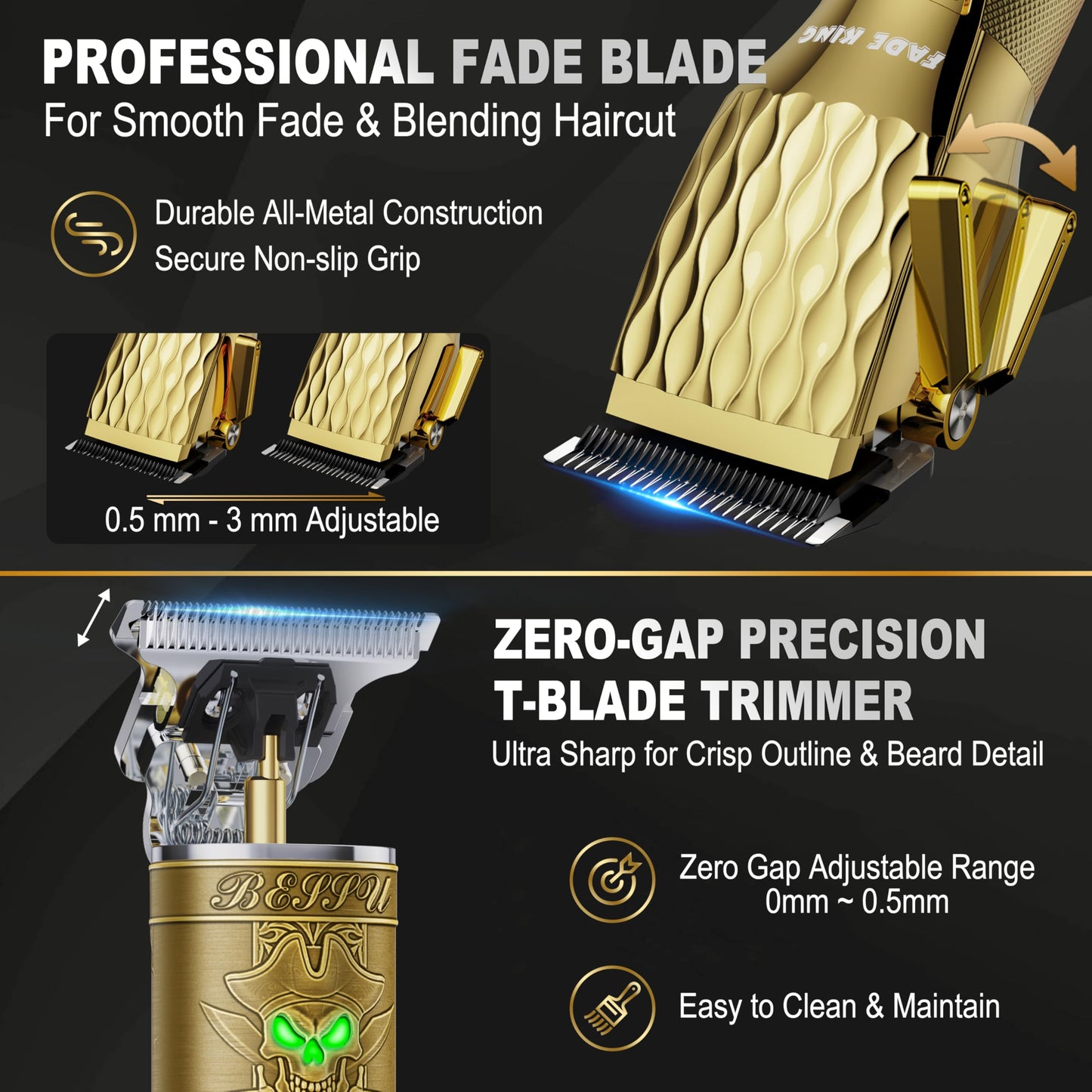 FADEKING® Professional Hair Clippers for Men – Cordless Barber Clippers & Beard Trimmer for Men, Fade Clipper and Trimmer Set for Home & Barber Use, Complete Men's Grooming Kit - Gifts for Men