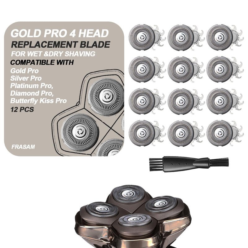 FRASAM 12 Pcs Gold Pro 4 Head Replacement Blades for Skulls Head Shavers, Compatible with Pit Bulls Gold Pro, Platinum Pro, Silver Pro, Diamond Pro, Butterfly Kiss Pro Series…