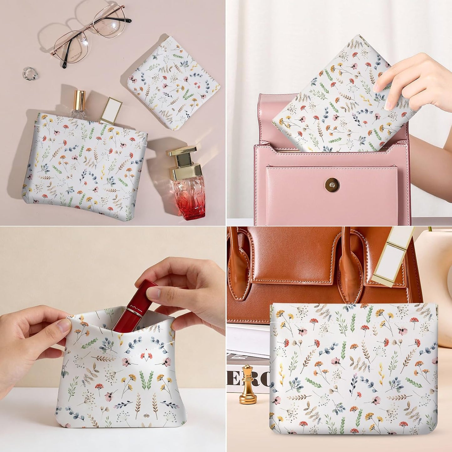 Makeup Bag Set - 2 PCS PU Leather Self-Closing Cosmetic Bags | Portable White Floral Travel Organizer for Women
