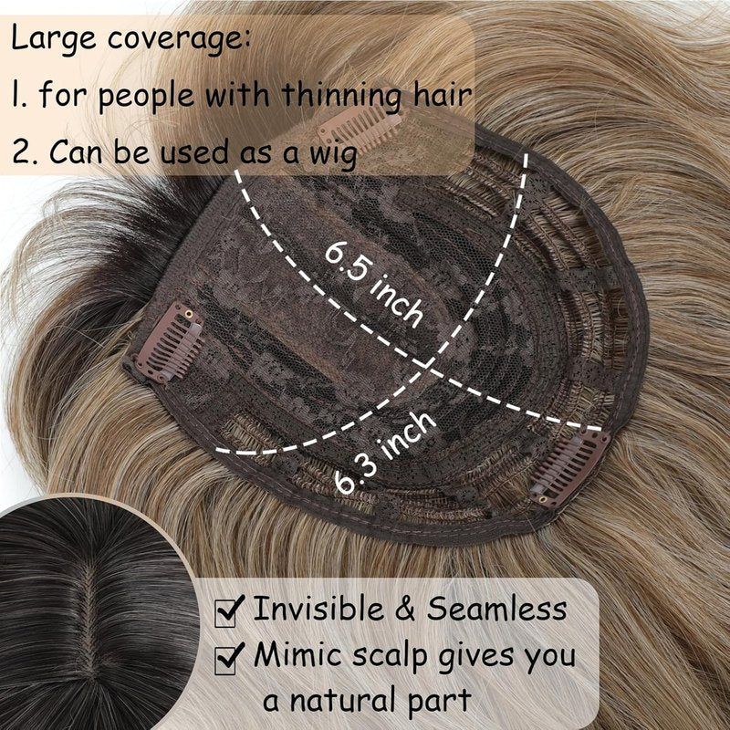 Hair Topper for Women - 16 Inch Synthetic Curly Wavy Clip-In with Wispy Bangs | Natural-Looking Volume (Mixed Brown to Blonde)