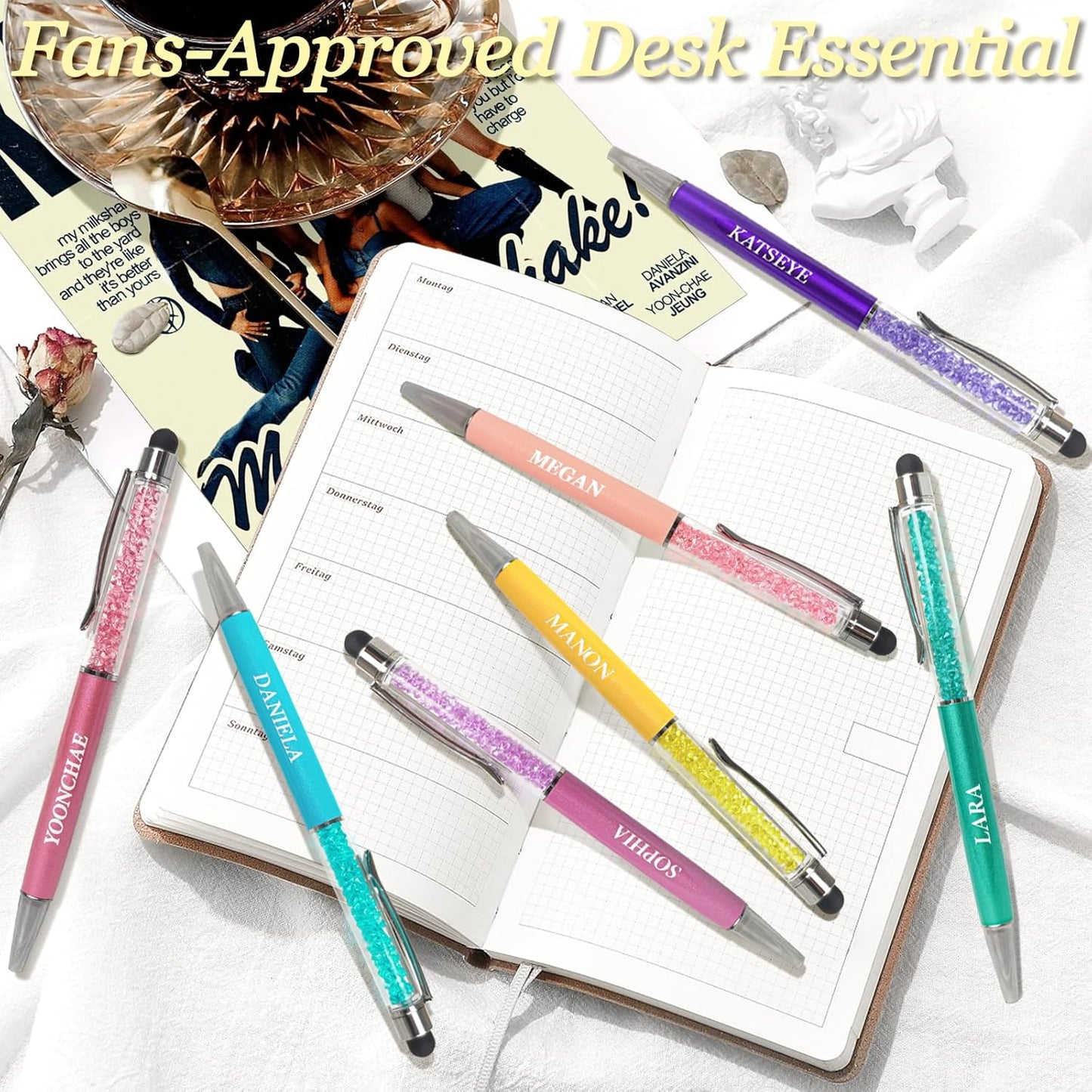 K-Pop Ballpoint Pens Set for KATSEYE Fans - 7 PCS Twist Retractable Black Pens with Stylus | Office Supplies