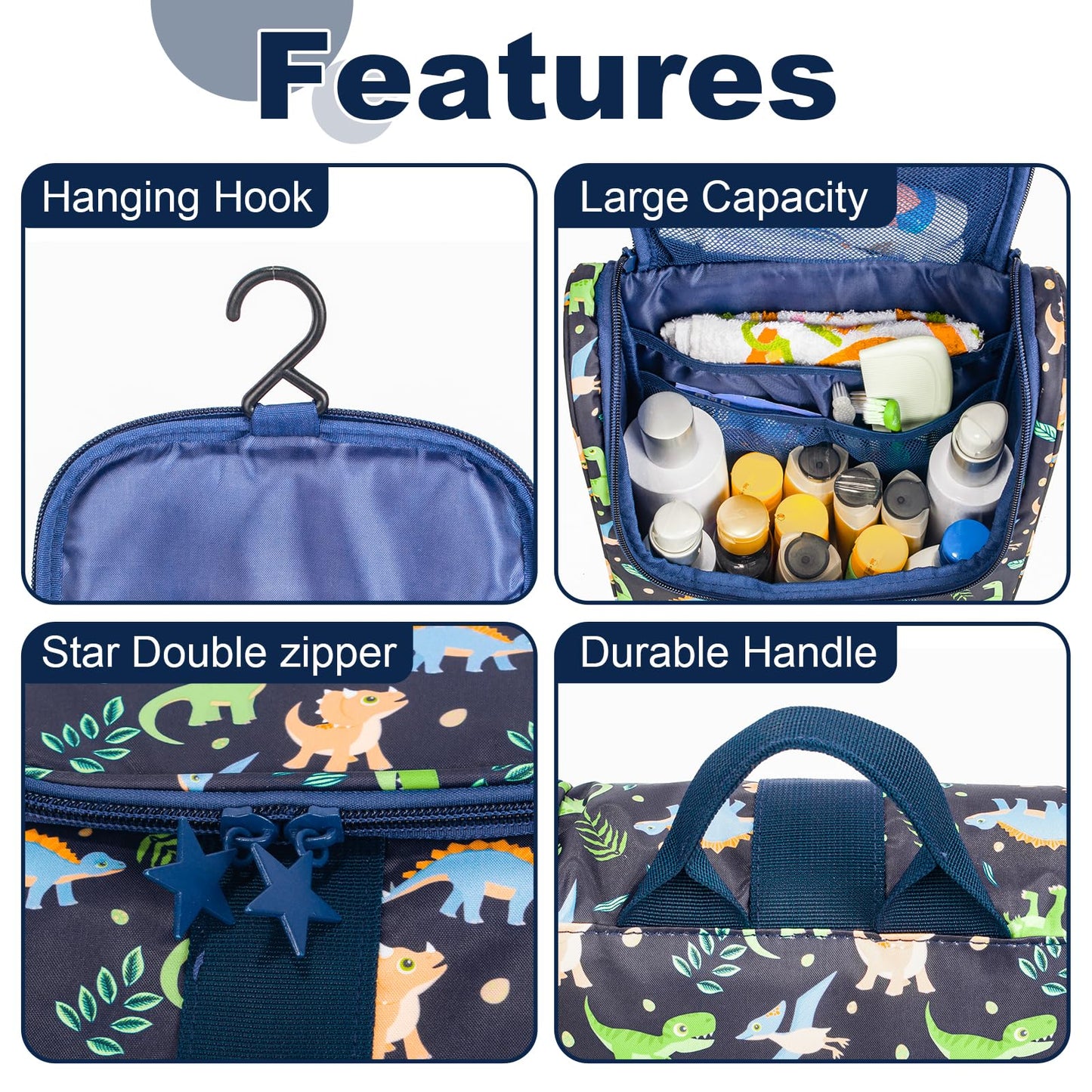 Remobia Hicol Cute Cartoon Hanging Kids Toiletry Bag Children Travel Cosmetic Makeup Organizer Wash Bag Shower bag Over Night Bag Camping Shaving Kit Bag for Boys & Girls (Dinosaurs)