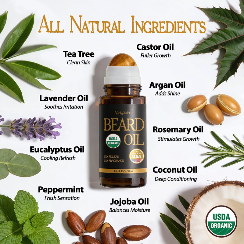 Organic Beard Oil for Men Roll On Beard Growth Oil Mens Conditioner - 9 Premium 100% Pure USDA Oils Jojoba Castor Argan - Mustache Natural Scent Vegan Shave Balm - Tiger Eye Stone Roller Bottle 1.7oz