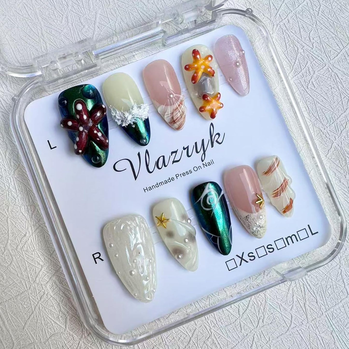 Brown French Tip Press On Nails - 3D Metallic Rhinestones | Medium Almond Reusable Acrylic False Nails (10 PCS)