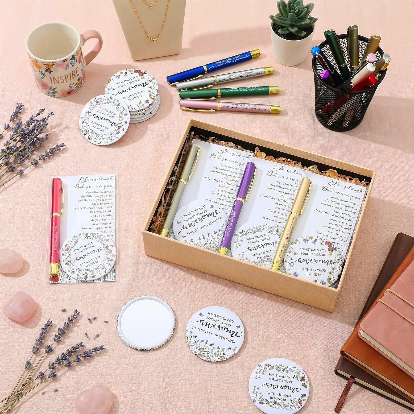 Inspirational Gifts for Women - 20 Sets Mini Compact Mirrors & Positive Pens | Perfect for Graduation, Nurses, Teachers & Coworkers