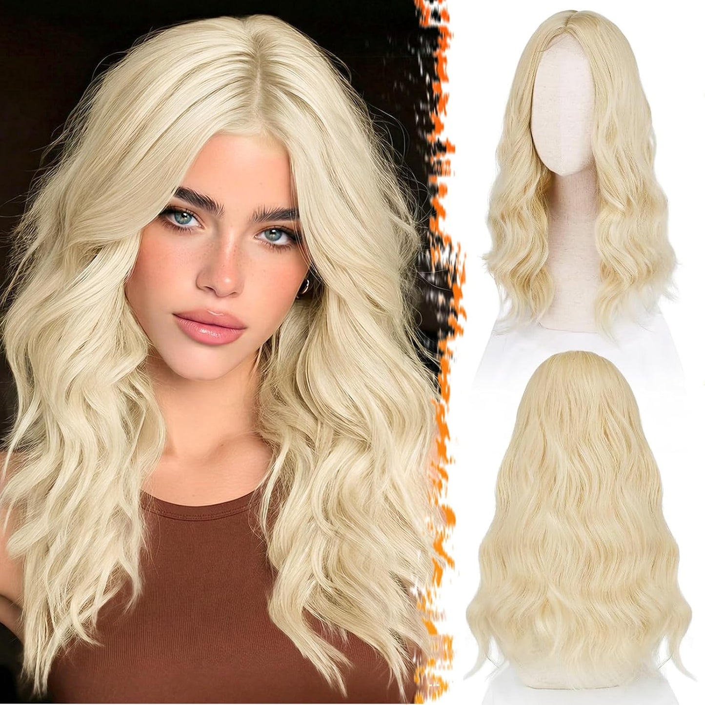 18 Inch Wavy Beige Blonde Wig - Medium Length Synthetic Wig for Women | Natural Soft Waves for Daily Wear & Parties