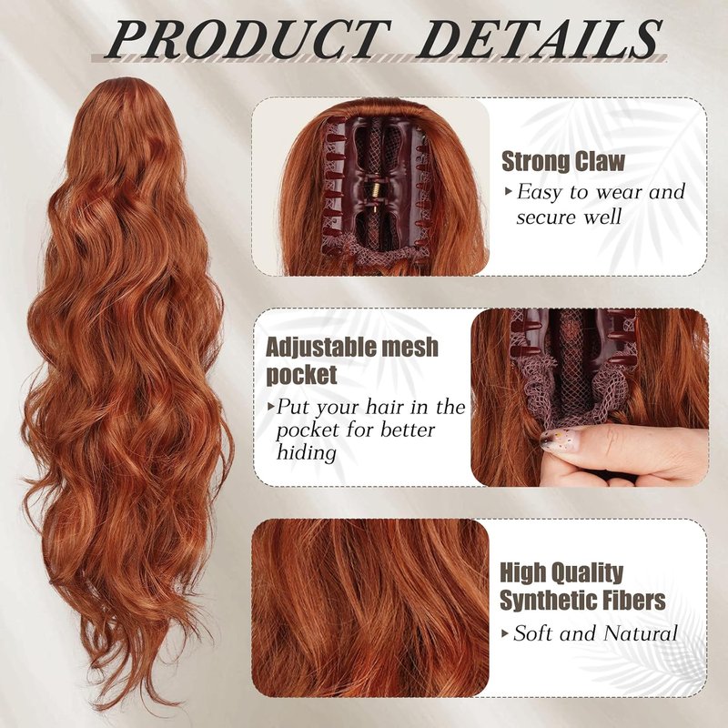 Copper Ponytail Hair Extensions - 20 Inch Wavy Claw Clip for Women | Synthetic Copper Red Hairpiece