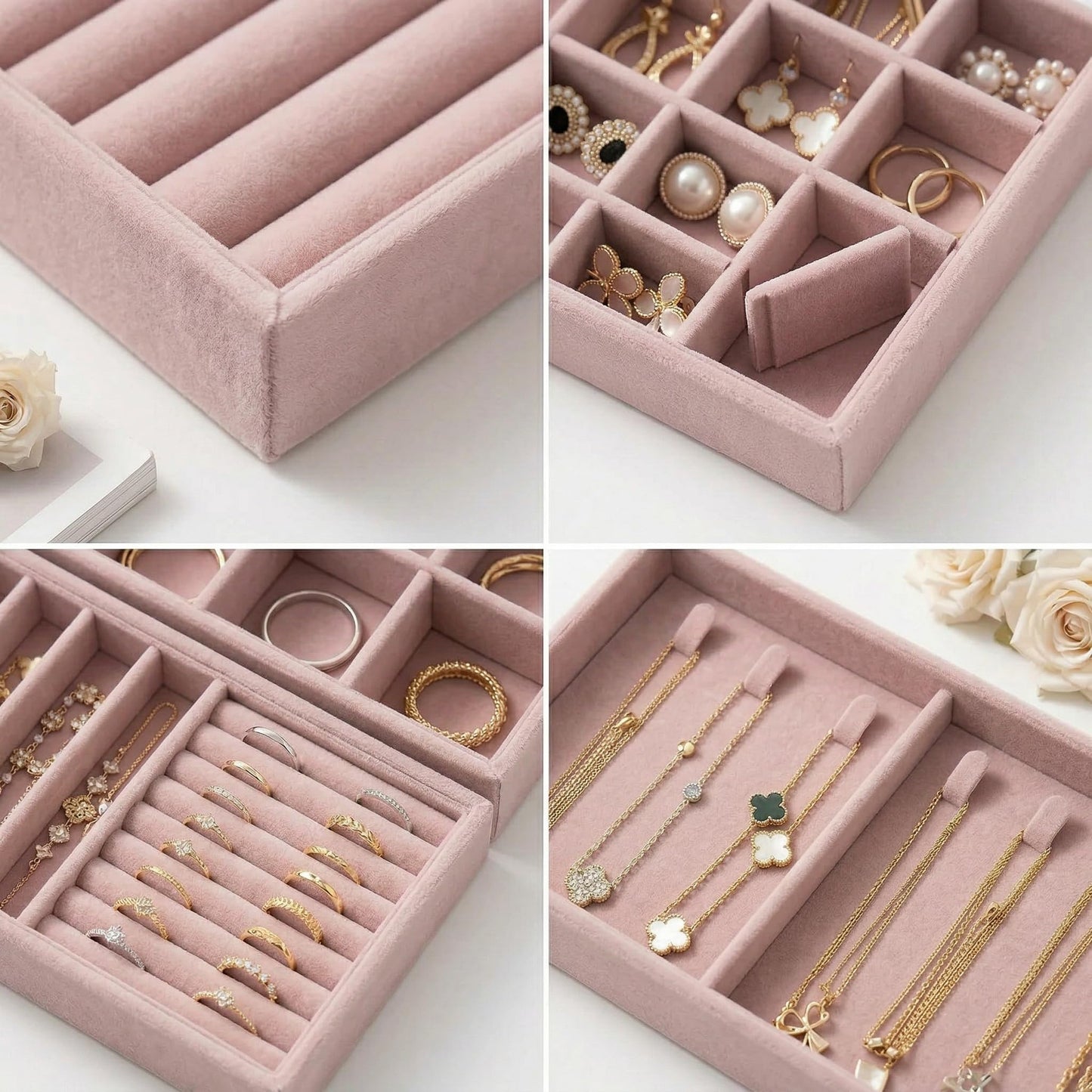 Velvet Jewelry Drawer Organizer Trays, 4-Layer Stackable Jewelry Storage Inserts Set, PINK Jewelry Tray Set for Earrings, Rings, Necklaces and Bracelets, Removable Dividers for Dresser Drawer