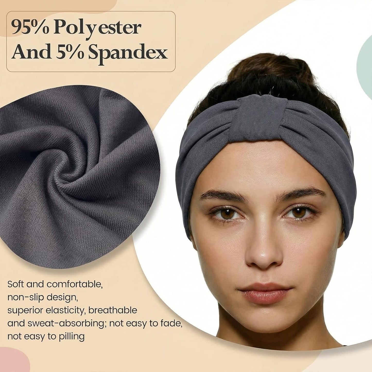 Wide Elastic Headbands for Women - 6 Pack Non-Slip Thick Sports Bands | Soft Knotted for Workout, Makeup & Spa
