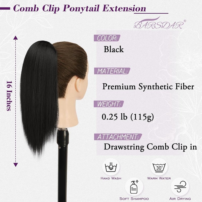 Black Straight Drawstring Ponytail Extension - 16 Inch Soft Synthetic Hairpiece for Daily Wear & Cheer Competitions