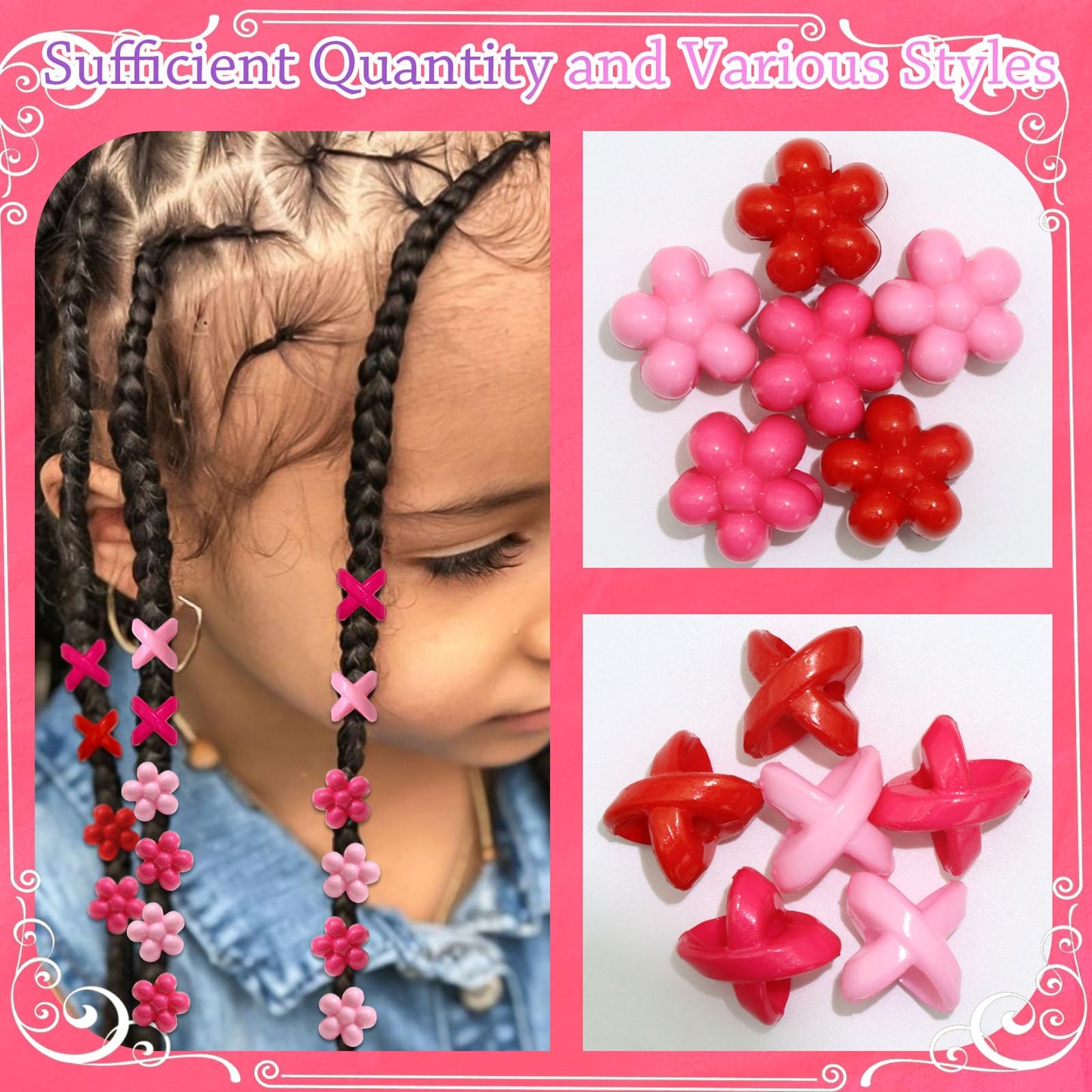 NAISKA 60PCS Pink Hair Beads for Braids Hot Pink Bead Loc Dreadlock Jewelry Multi-style Large Hole Beads Cute Flower Valentine's Day Hair Accessories for Kids Girls