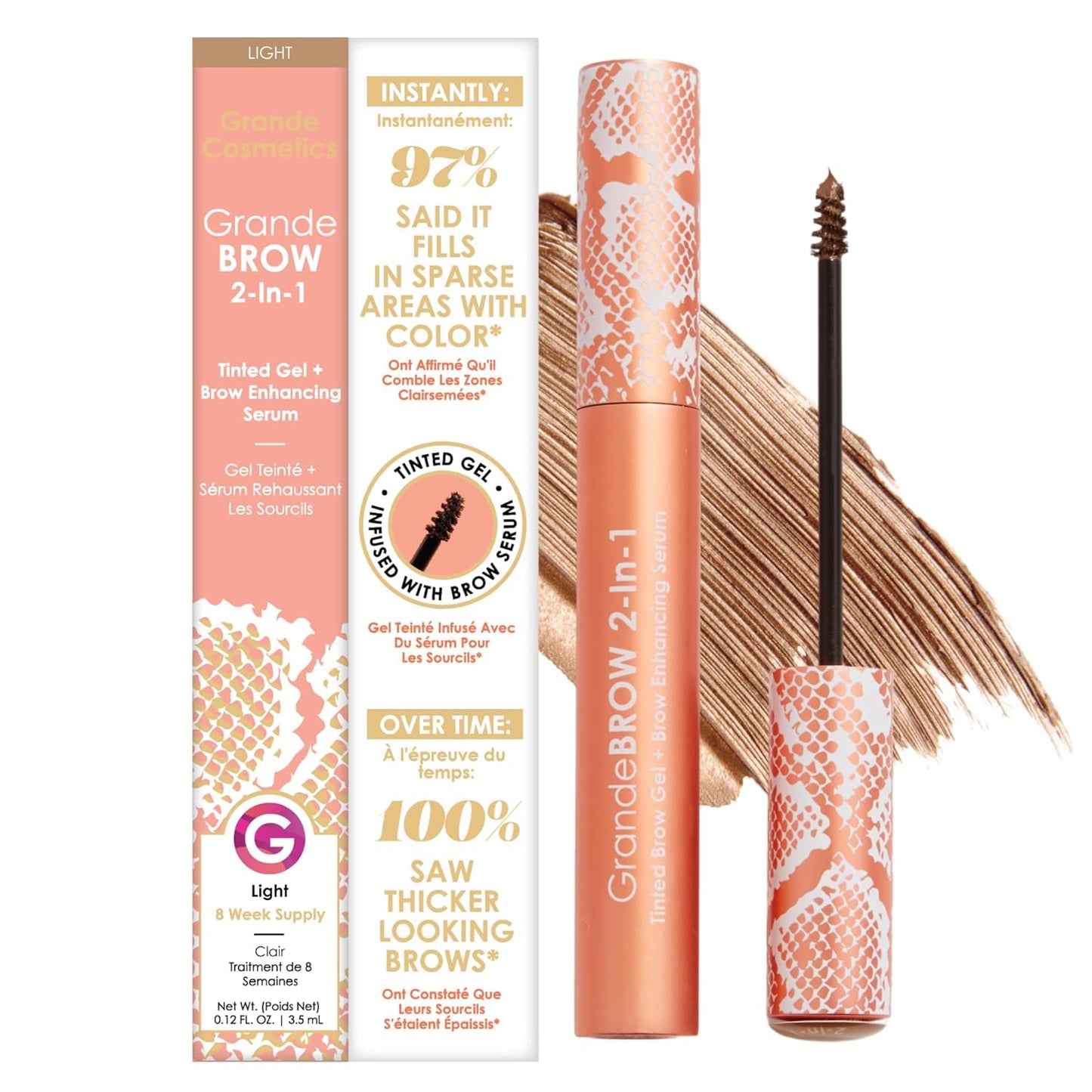 Grande Cosmetics GrandeBROW Tinted Brow Gel & Enhancing Serum - Thicker, Darker Brows with Castor Oil | Long-Lasting Formula