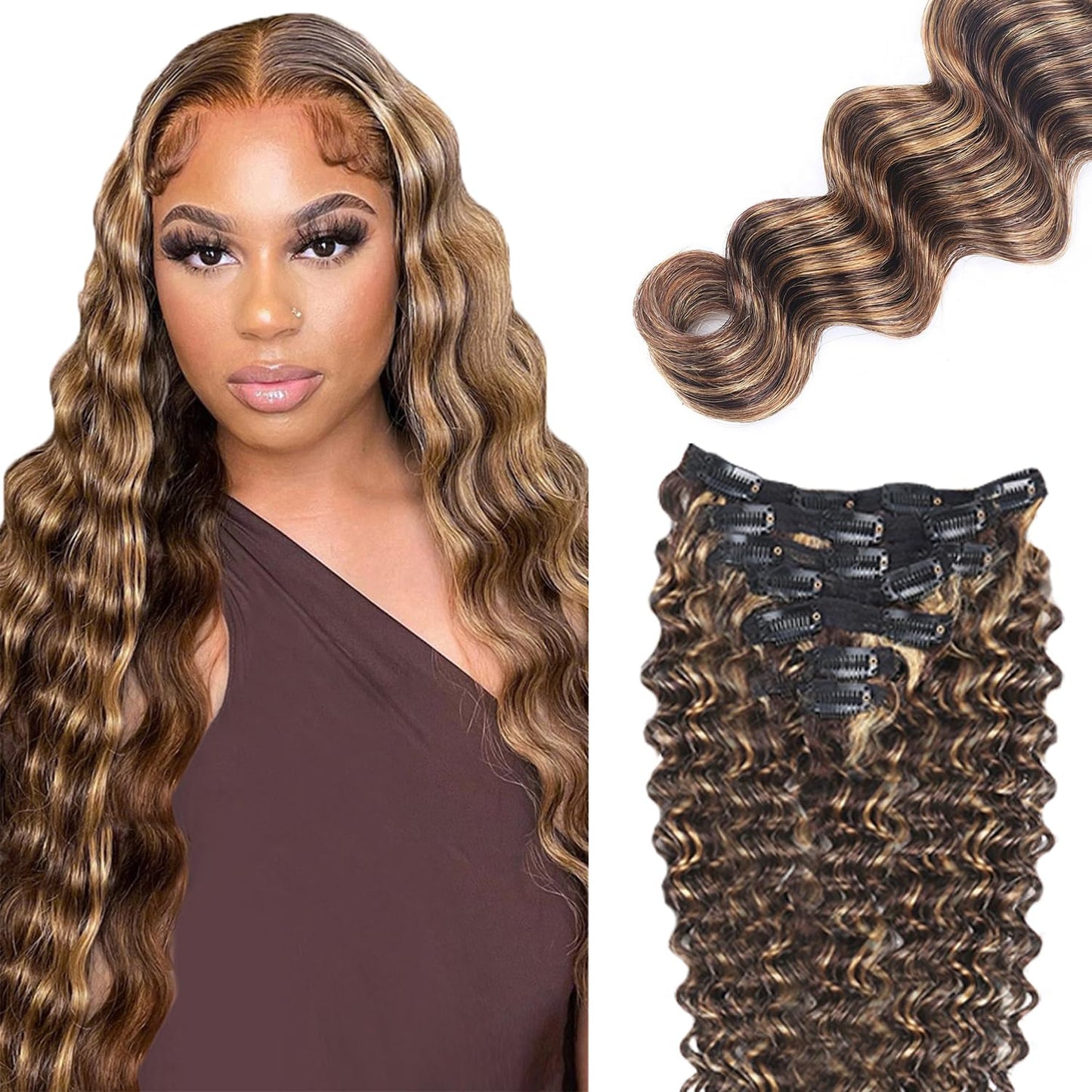 P427 Blonde Clip in Hair Extensions Real Human Hair, 16 Inch 120g/7Pcs,Full Shine Remy Human Hair,Highlight Brown Deep Wave Clip ins Brazilian Virgin Human Hair Extensions