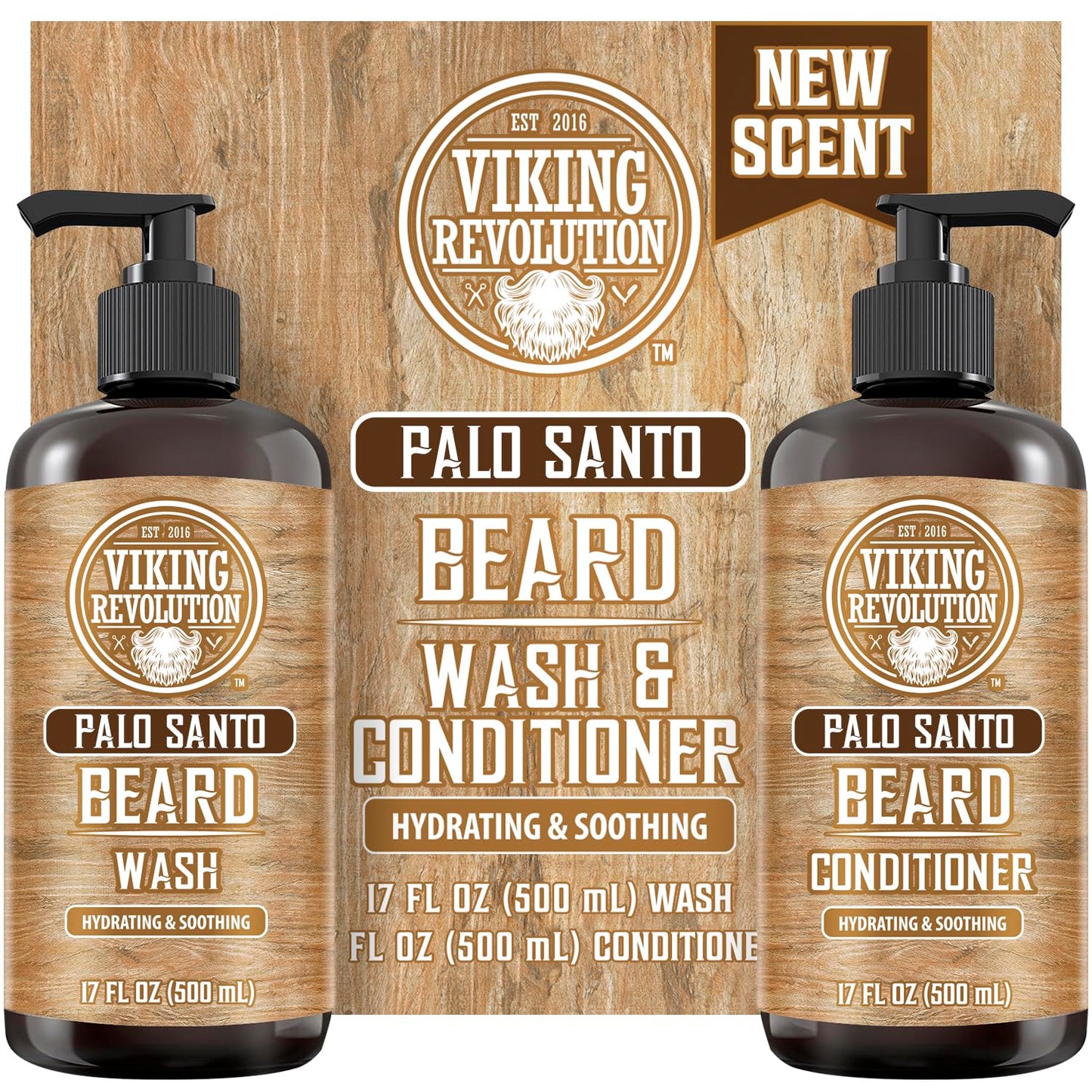 Viking Revolution Beard Wash & Beard Conditioner Set with Palo Santo Scent - Softens and Strengthens for Mens Hygiene Beard Shampoo with Beard Oil (2pack, 17 oz)