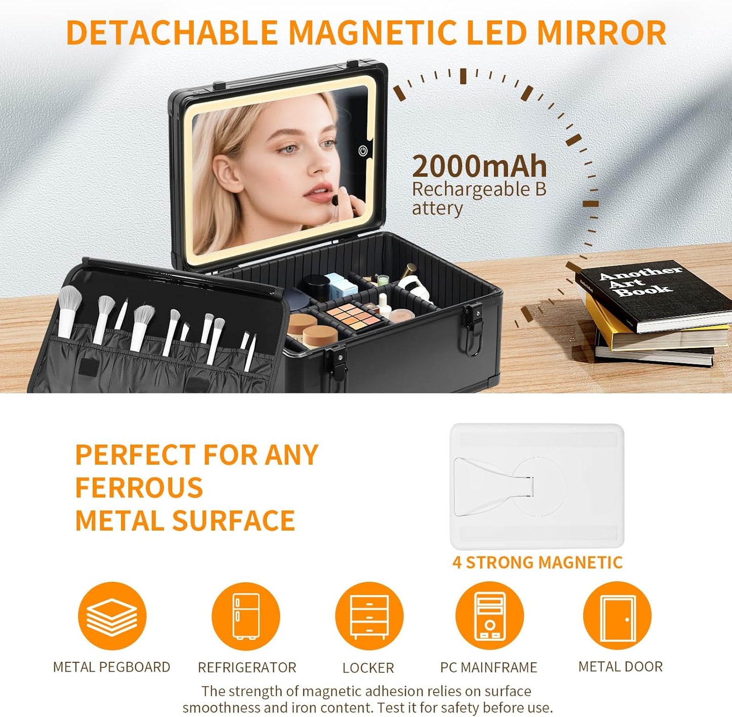 Makeup Case with Lighted Mirror - Extra Large 15-Inch Portable Cosmetic Organizer | Adjustable Dividers, Magnetic LED, Black