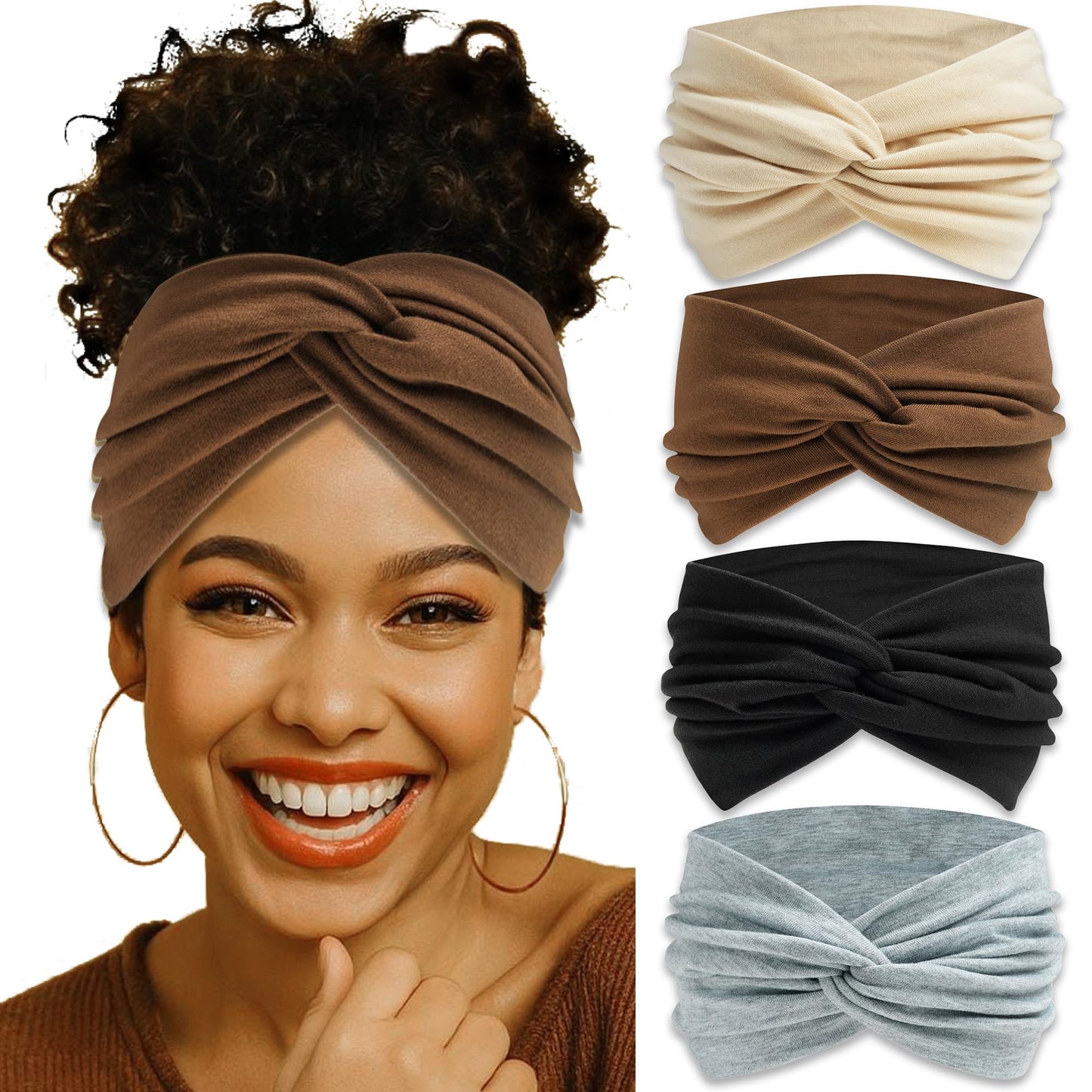 ZUYASEZ 4 Pack Wide Headband for Women Stretchy Boho Twist Turban Hair Band
