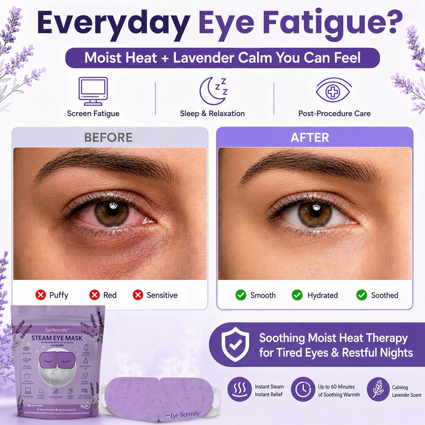 Heated Eye Mask - Eye Serenity Steam Mask for Dry Eyes | Moist Heat Relief for Styes & Puffiness - Lavender