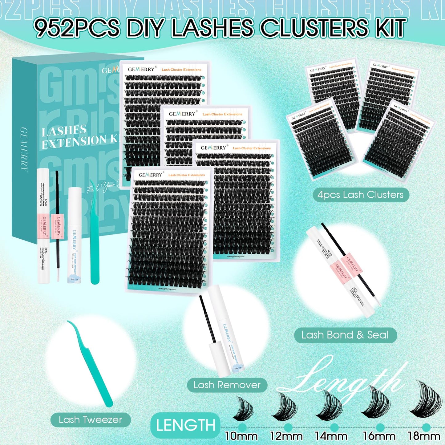 GEMERRY 924Pcs Lash Clusters Kit Fluffy Lash Clusters Eyelash Extension Kit with Waterproof Bond and Seal Remover Tweezers for Beginners（2X 80P+100P）