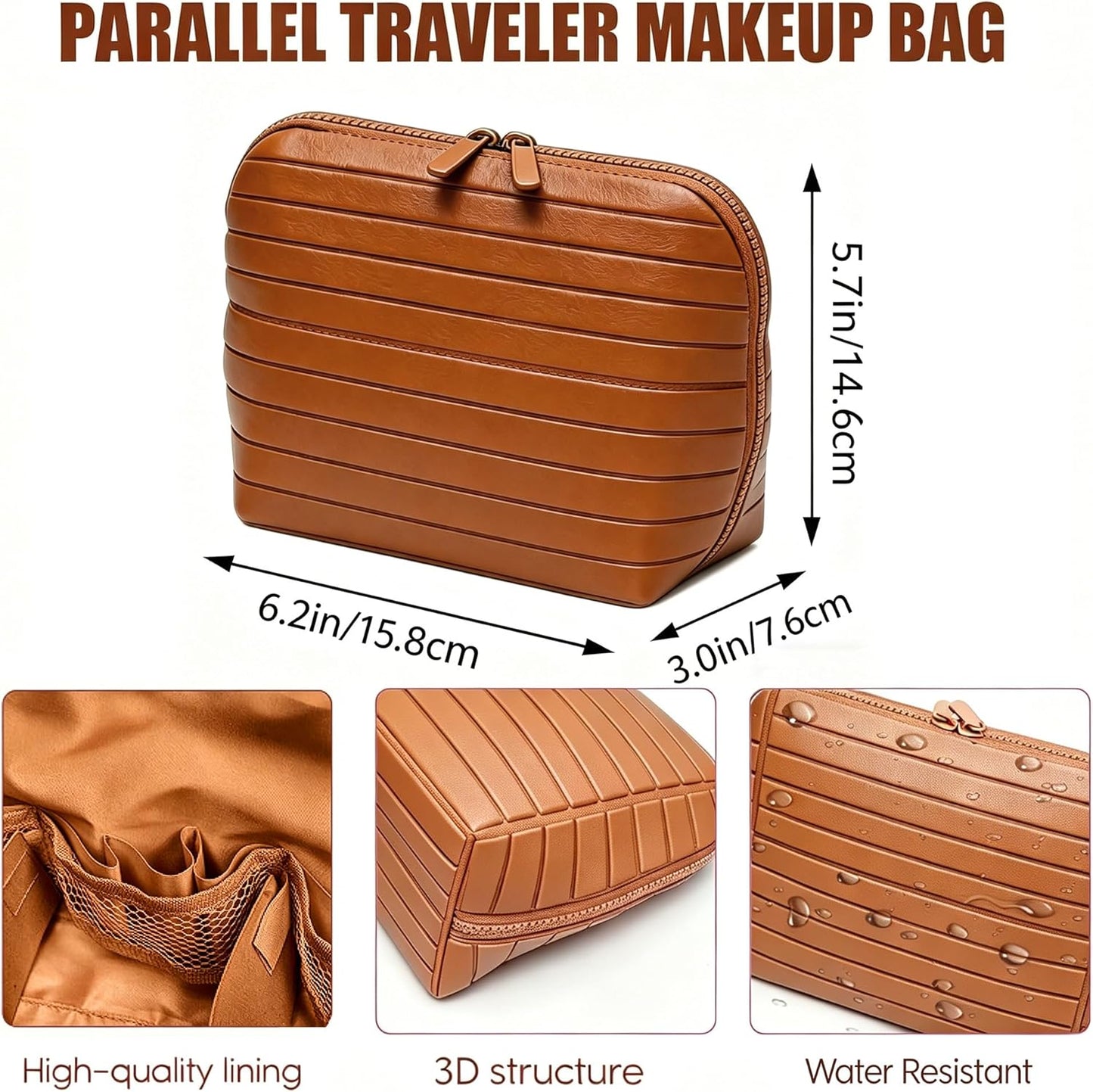 Makeup Organizer for Women - Waterproof Toiletry Bag with Dividers | Brown Travel Case