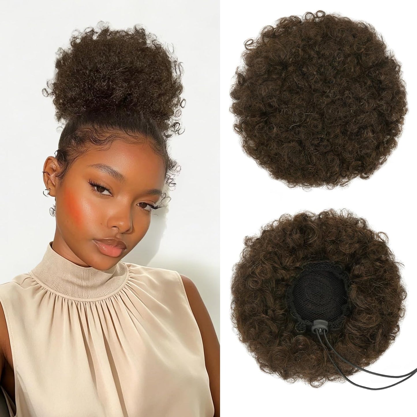 Human Hair Afro Puff Drawstring Ponytail - Kinky Curly Short Extensions for Black Women | Medium Size - 1B Natural Black