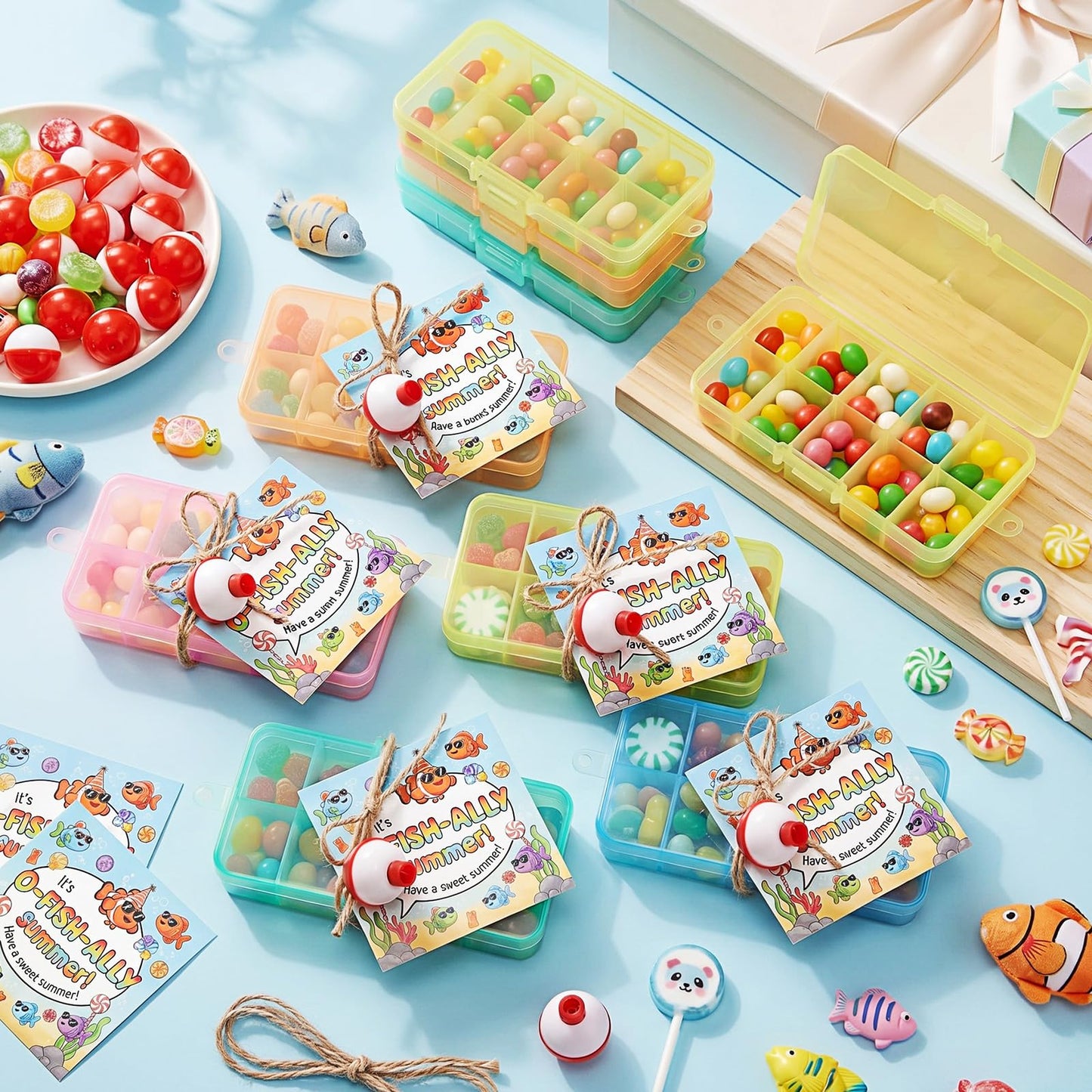 Teyva Daily End of Year Gifts for Students from Teacher Bulk Fishing Party Favors Little Tackle Boxes with Cards End of School Year Gifts Preschool Kindergarten Rewards (Colorful,Square,24 Set)