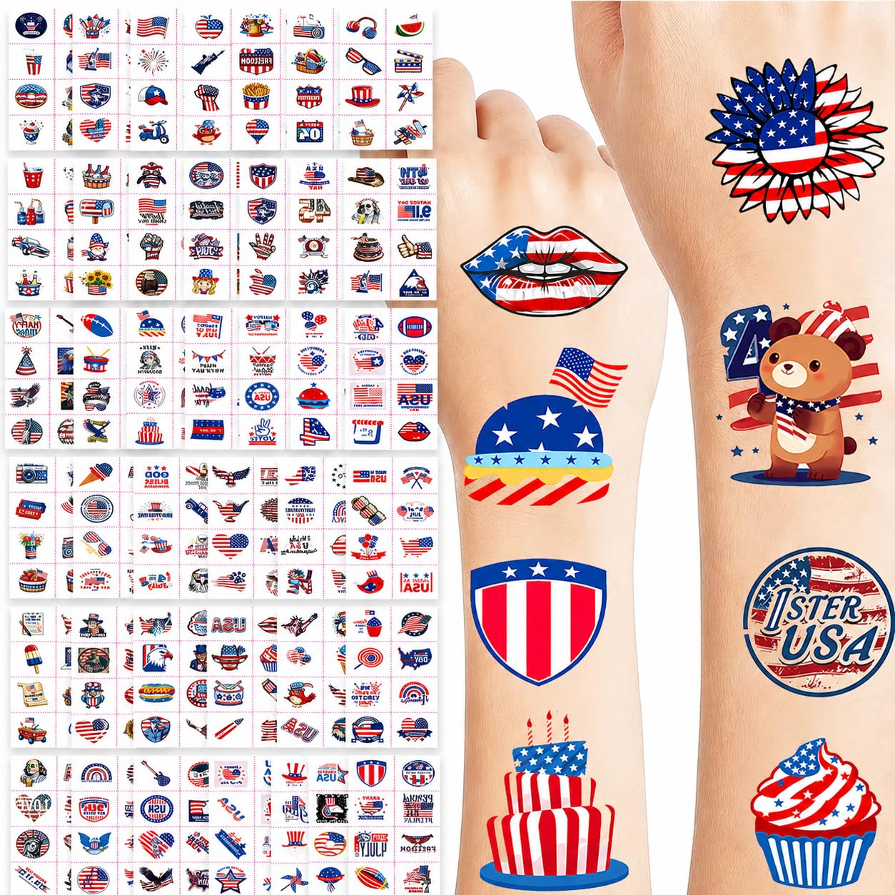 4th of July Temporary Tattoos - 320 Pcs USA Patriotic Stickers | Waterproof Red, White & Blue Face and Body Decor