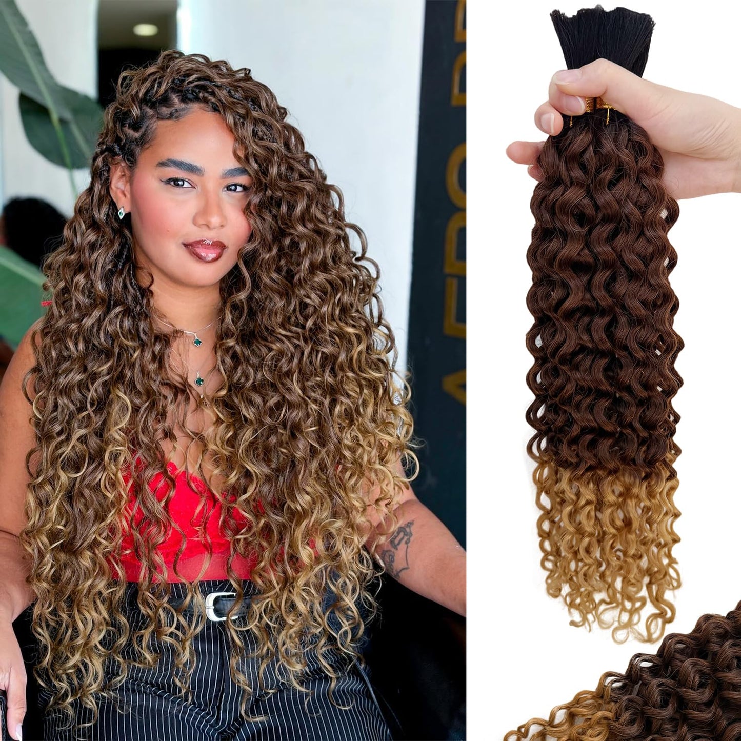 Braiding Human Hair Water Wave - 2 Bundles 100g Ombre Curly Extensions | 14 Inch Black/Brown Highlights