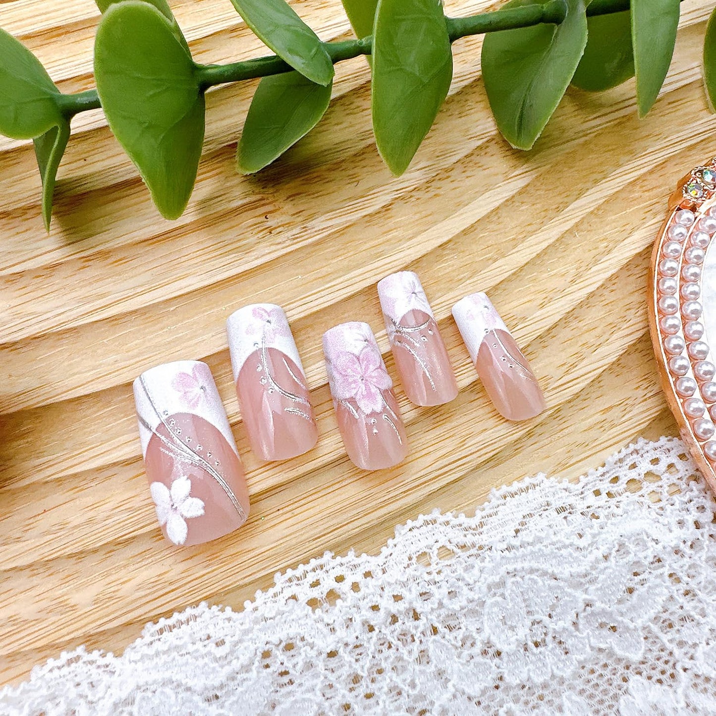 Pink Press-On Nails - 24Pcs Medium Coffin Acrylic Nails with Silver Lines & 3D Flower Design | Floral Full Cover