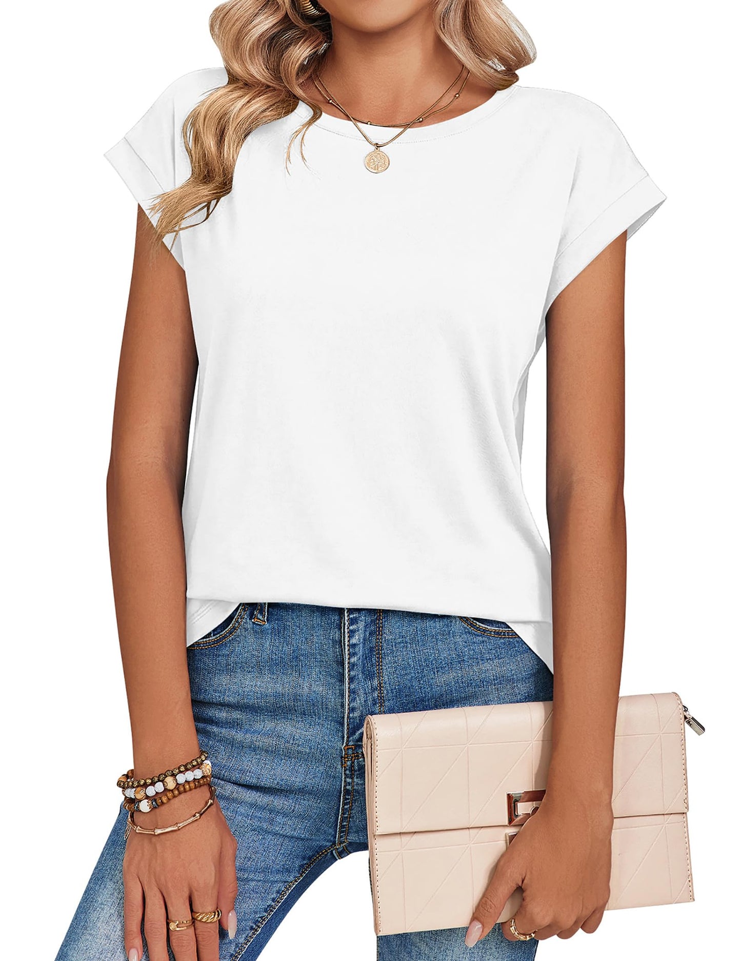 Zeagoo Tee Shirts Womens Casual Cap Sleeve Round Neck Tshirts Business Dressy Spring Fashion Outfits Beach Vacation Clothes White