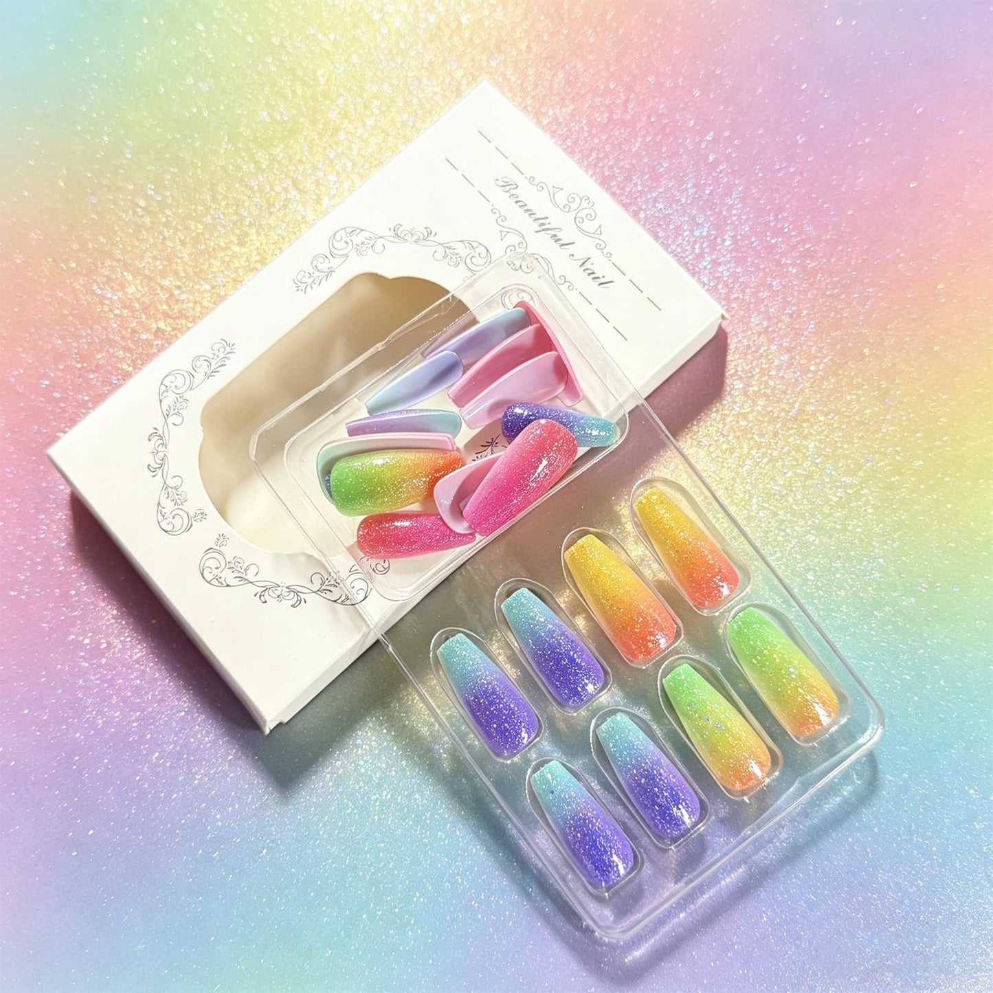 Rainbow Ombre Press on Nails Medium Coffin Fake Nails Colorful Gradient False Nails with Glitter Designs, 24Pcs Glossy Reusable Full Cover Stick on Nails for Women Summer Manicure