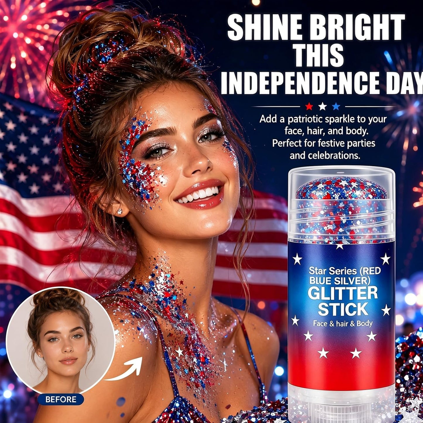 4th of July Glitter Stick - Red, White & Blue Face Glitter for Rave & Patriotic Makeup | Independence Day Decorations
