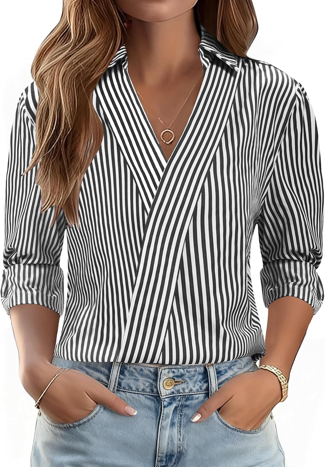 3/4 Length Sleeve Women's Dressy V-Neck Collared Tops - Trendy Business Casual Blouses for Work & Vacation
