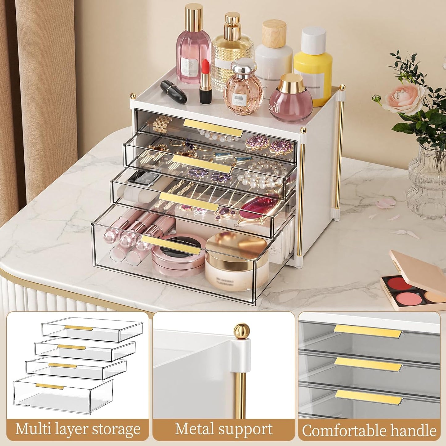 Aveniee 4-Drawer Makeup Organizer | Plastic Vanity Storage for Cosmetics, Skincare & Jewelry - White