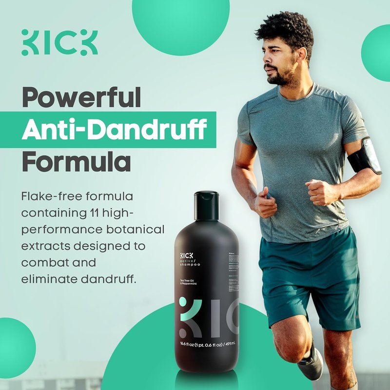 Kick Men's Shampoo - Peppermint & Tea Tree Oil Control - Sulfate-Free, Anti-Dandruff Formula | 16.6oz