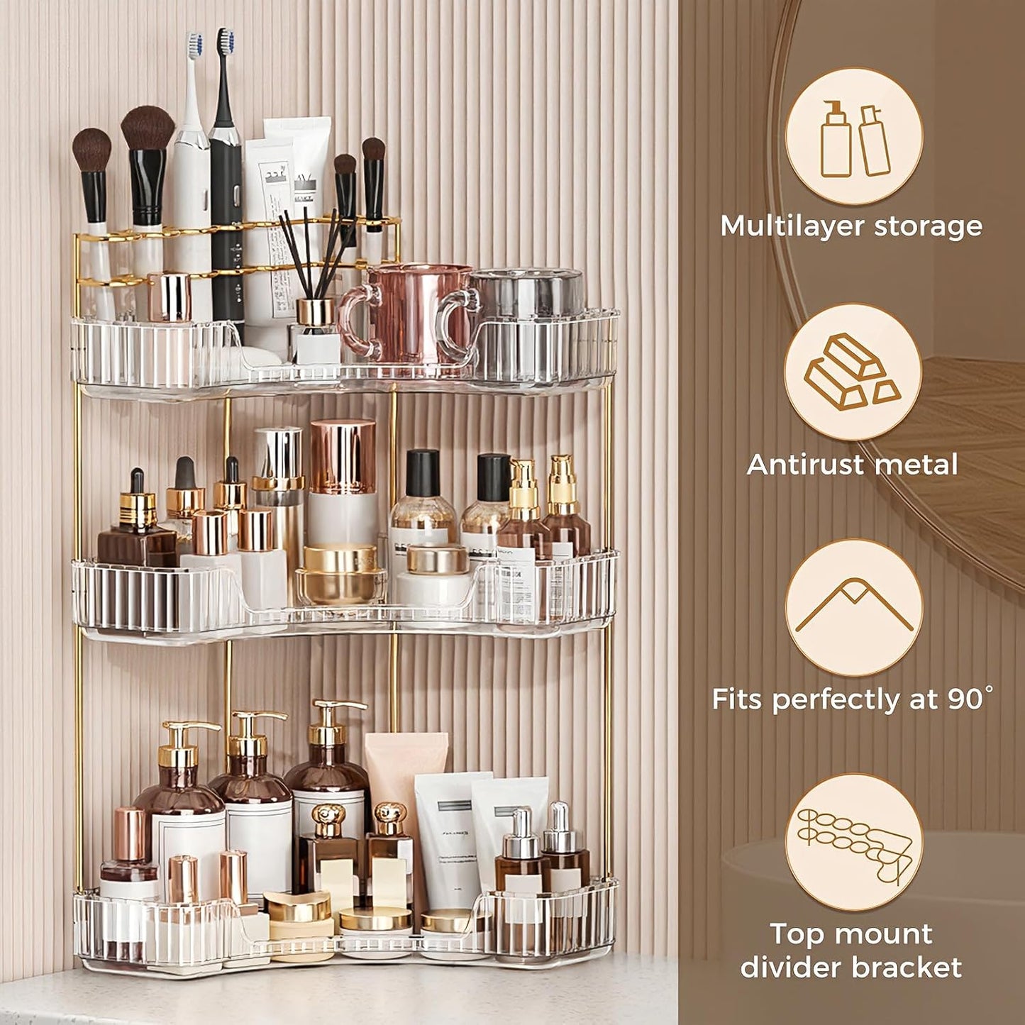Corner Bathroom Counter Organizer - 3-Tier Makeup & Skincare Storage with Brush Holder | Clear