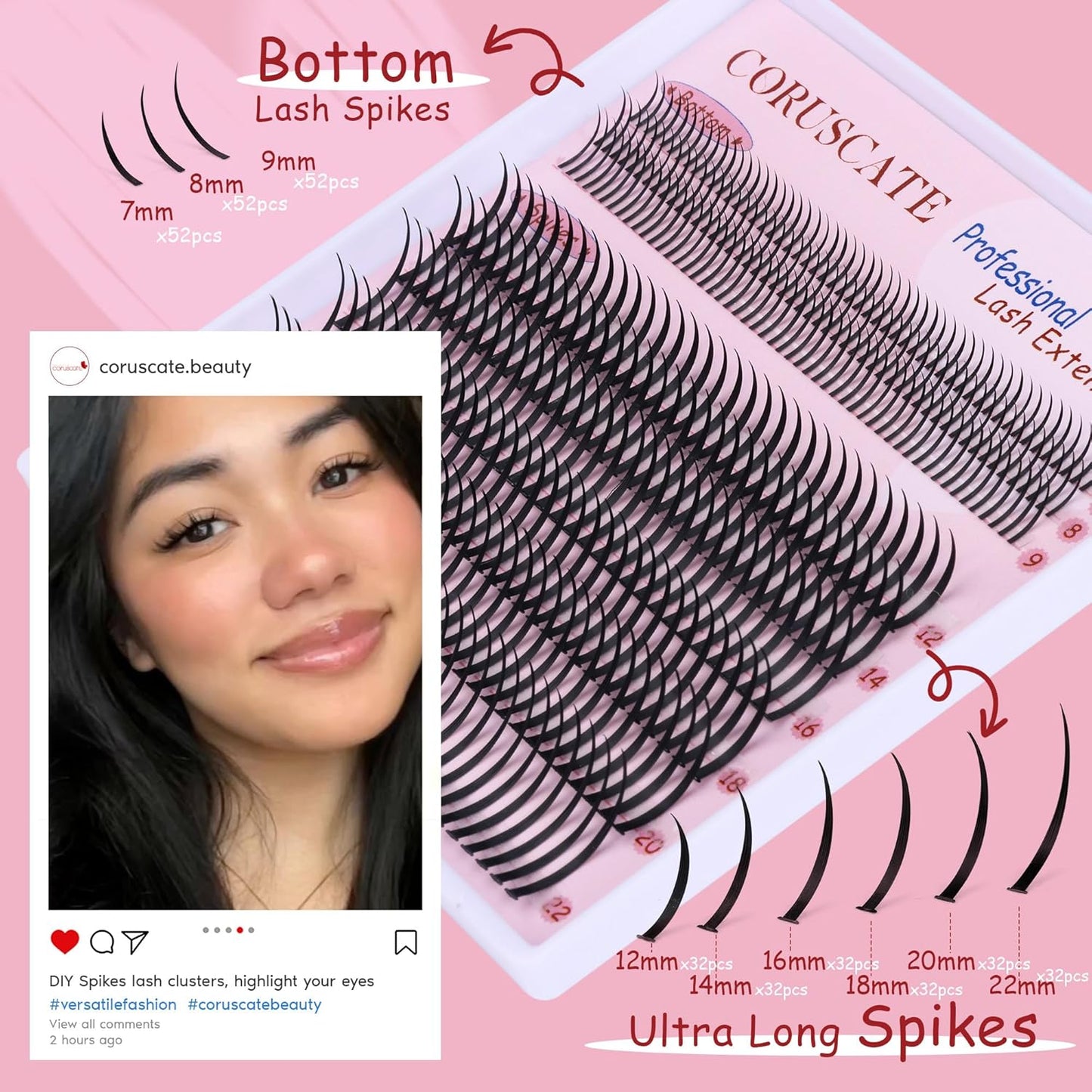Lash Clusters with Spikes - Ultra Long 12-22mm Eyelash Extensions for Manga & Spiky Looks | DIY Multi-Eye Styles