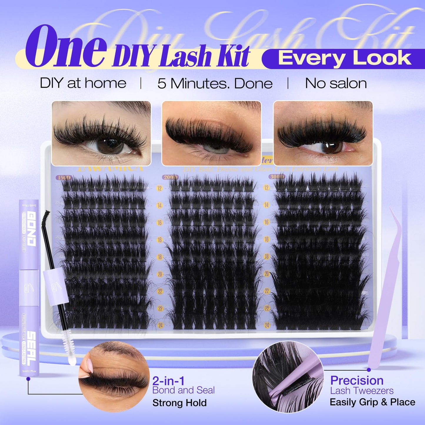Fluffy Lash Clusters Kit 150D+200D+300D Thick Volume Cluster Eyelash Extensions 12-25mm Dramatic Long Eyelash Clusters Kit Wispy D Curl Cluster Lashes with Bond and Seal Lash Tweezers by Yawamica