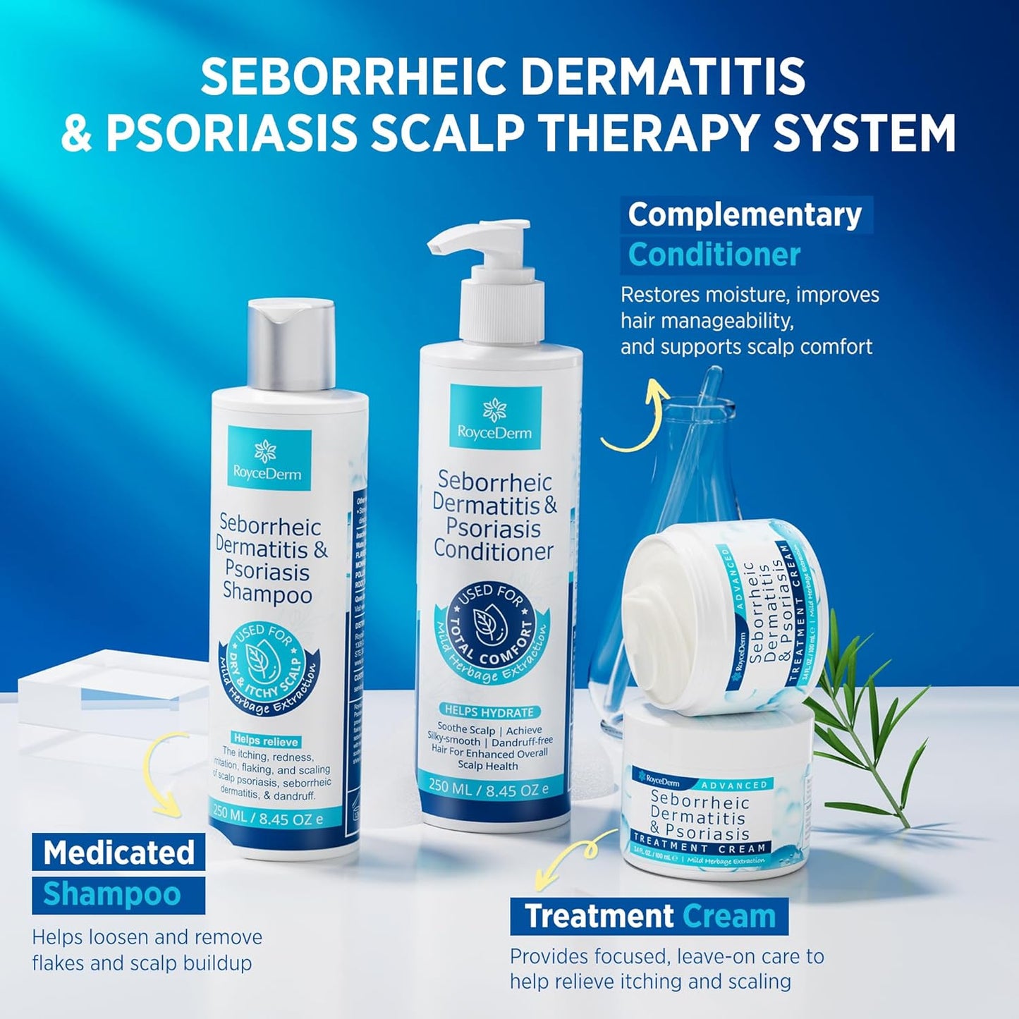 Seborrheic Dermatitis & Psoriasis Treatment Set - Scalp Therapy Cream, Shampoo & Conditioner for Itching, Flaking Relief | 3-Piece System