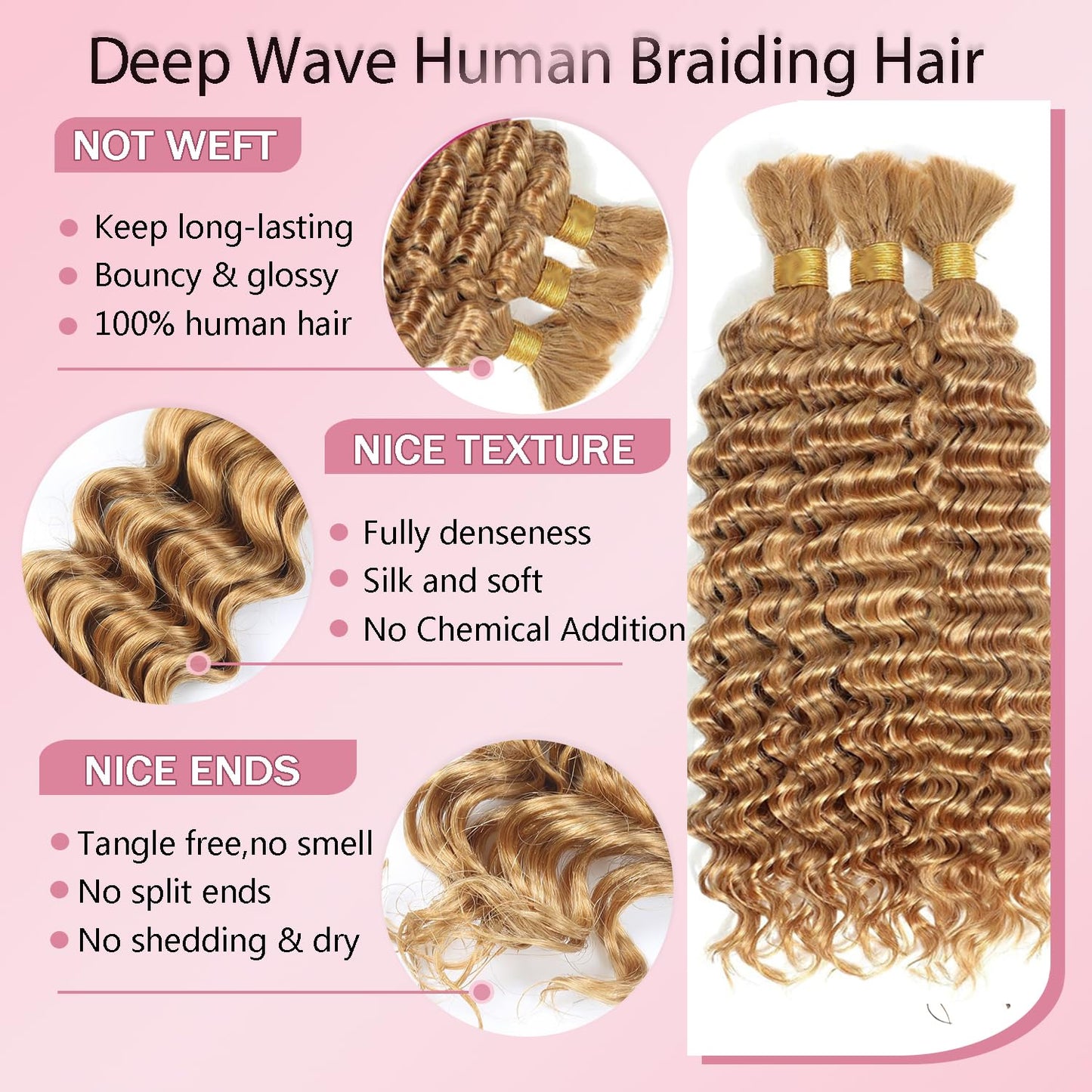 Honey Blonde Human Braiding Hair for Boho Braids 28 28 28 Inch Color 27 Deep Wave Bulk Hair No Weft #27 Blonde Curly Human Hair Extensions for Braids 3 Bundles 150g