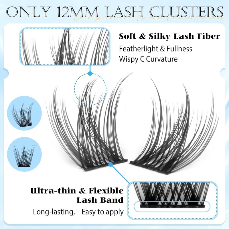 12mm Wispy Lash Clusters - Natural C Curvature Eyelash Extensions for DIY Daily Wear | Soft Lash Band