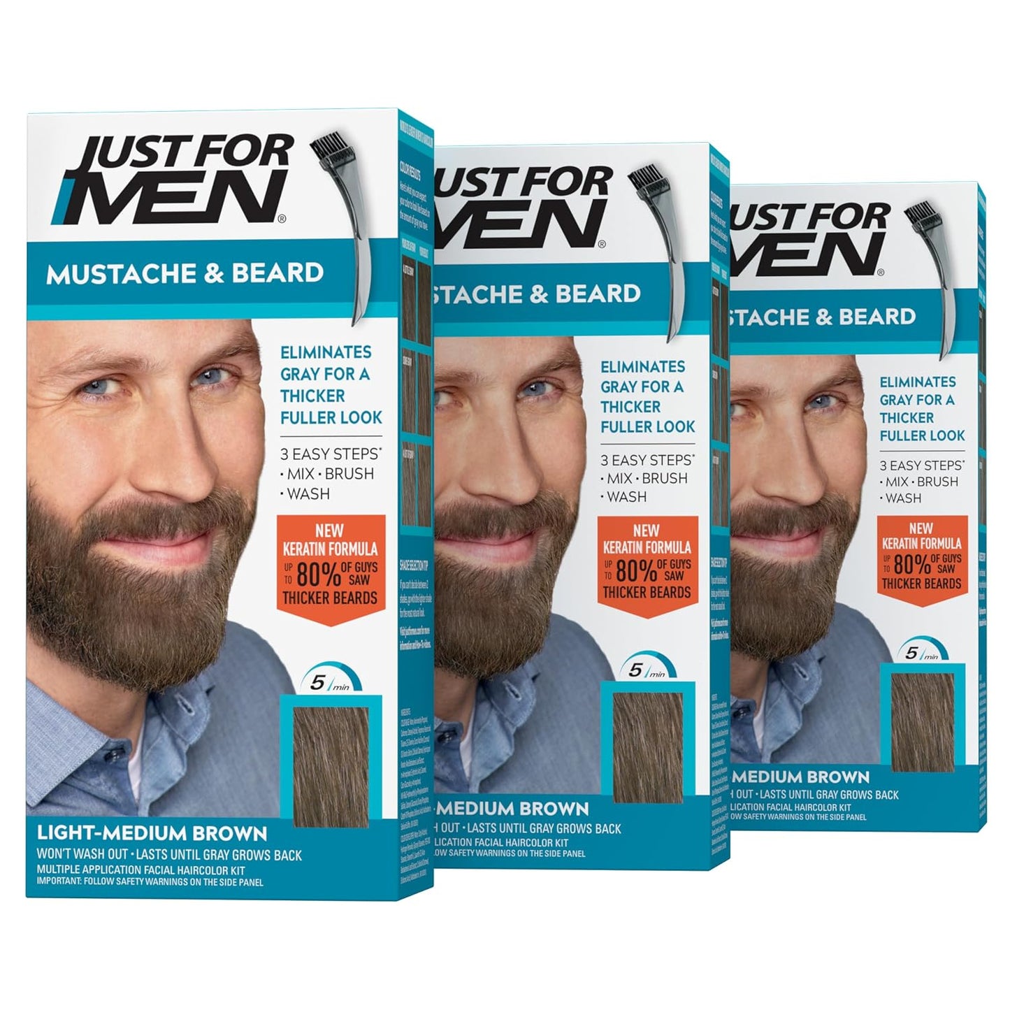 Just For Men Mustache & Beard Color | Gray Hair Beard Coloring with Keratin, Biotin & Aloe - Medium Brown M-35