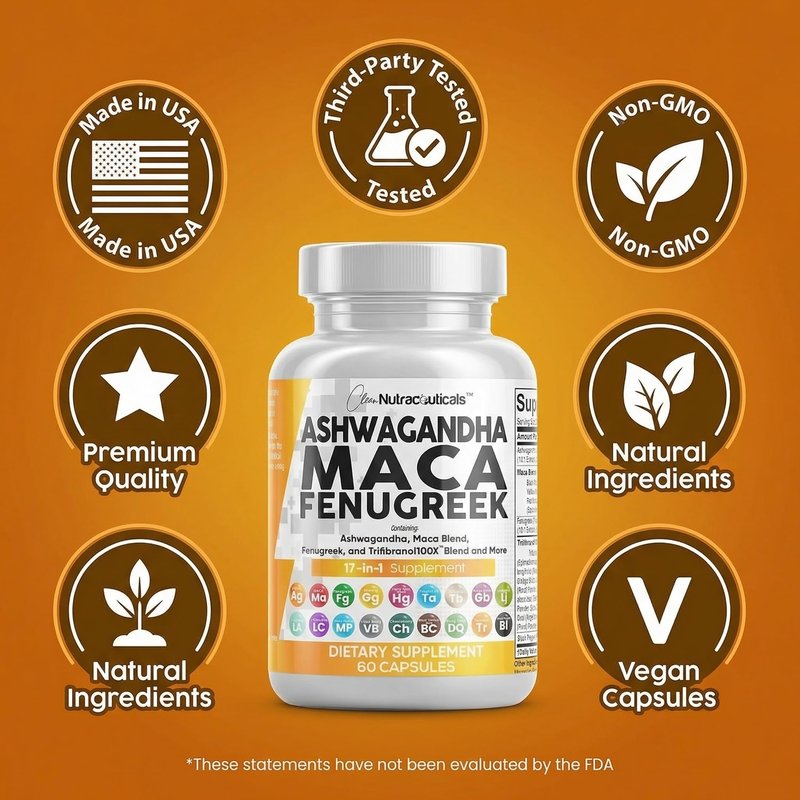Clean Nutraceuticals Ashwagandha Maca Root Fenugreek Supplement with Tongkat Ali Ginseng - Assists with Stress, Mood & Thyroid - Ashwagandha Capsules Fenugreek Caps - 1 Pack