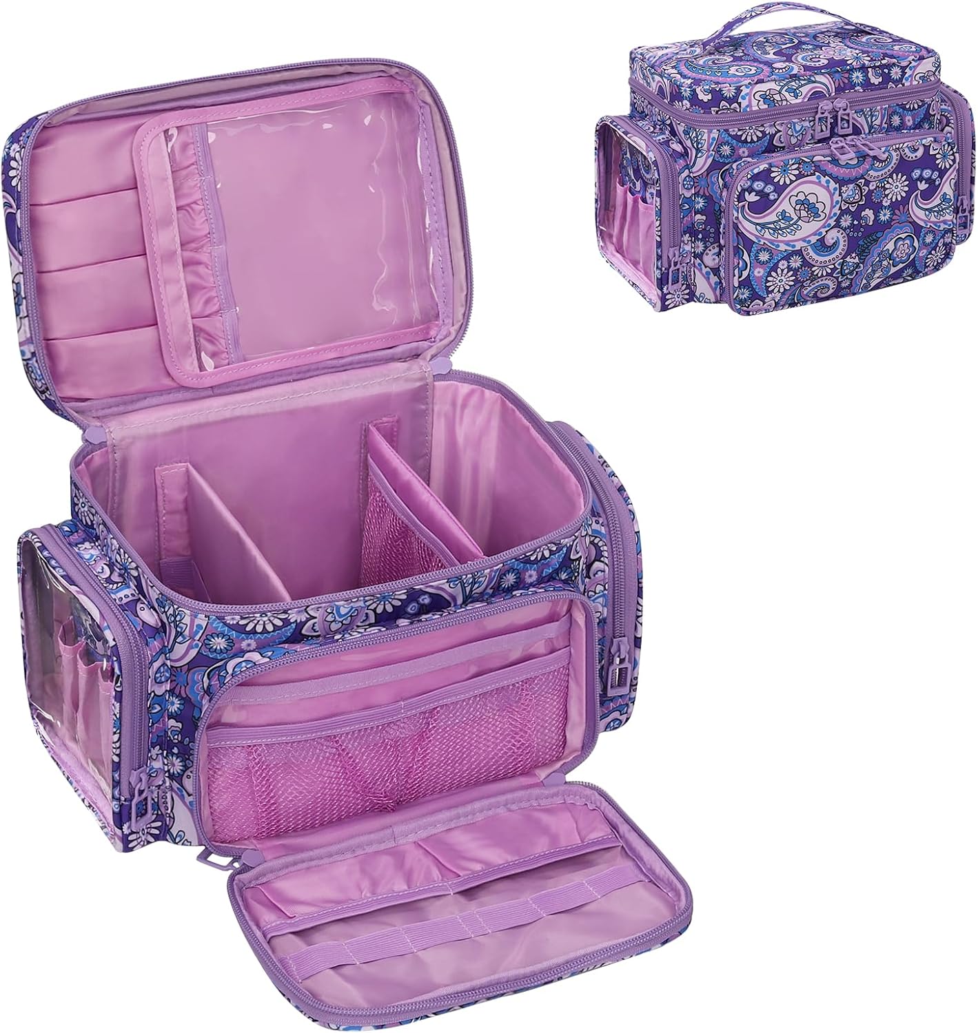 Large Makeup Bag Organizer for Women - Portable Travel Cosmetic Bag with Brush Compartment & Side Pockets | Black