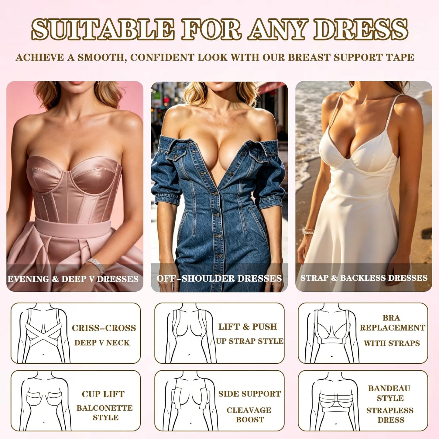 Breast Lift Boob Tape Kit for Large Breasts | Invisible Support for A-G Cup - Waterproof, Sweatproof - Beige, 2in x 26.3ft