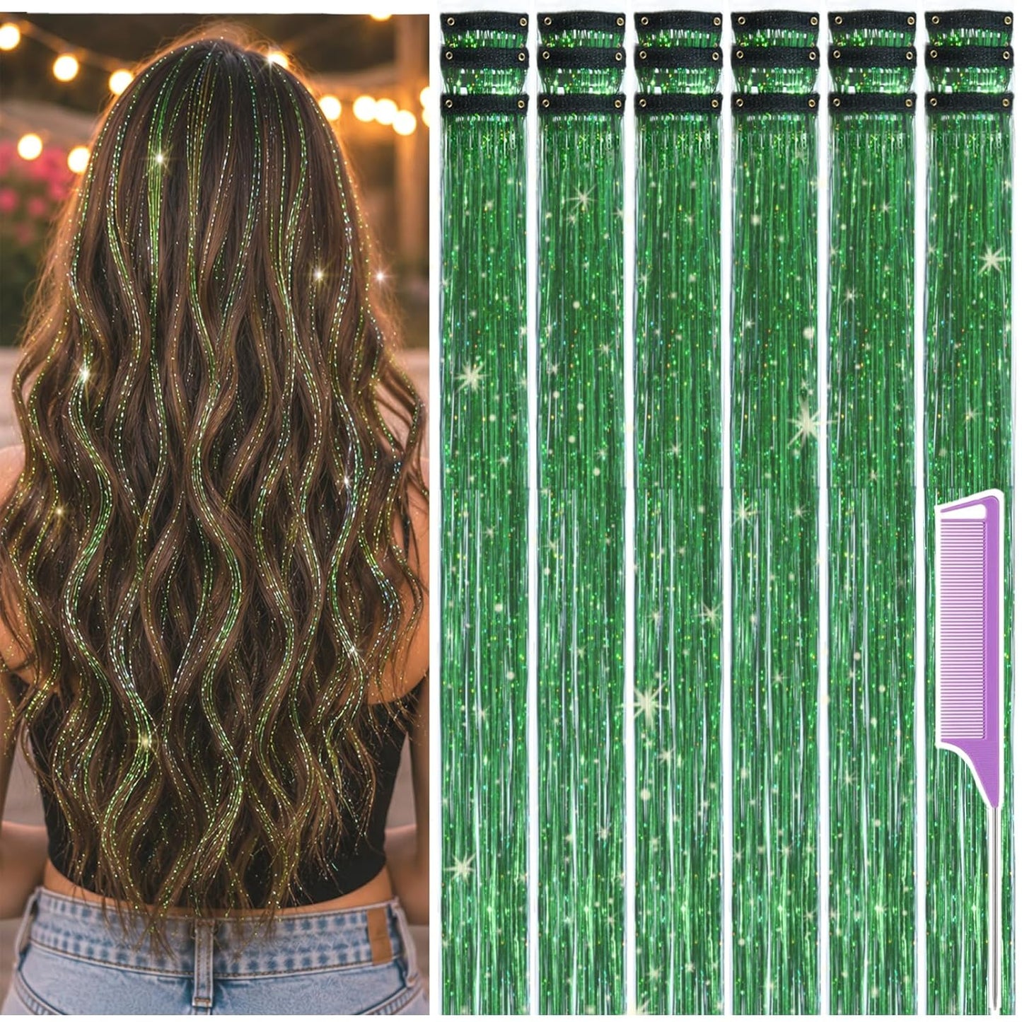Hair Tinsel Clip-Ins - 22 Inch Purple Glitter Extensions for Women & Girls | 18 Pcs Fairy Hair Accessories